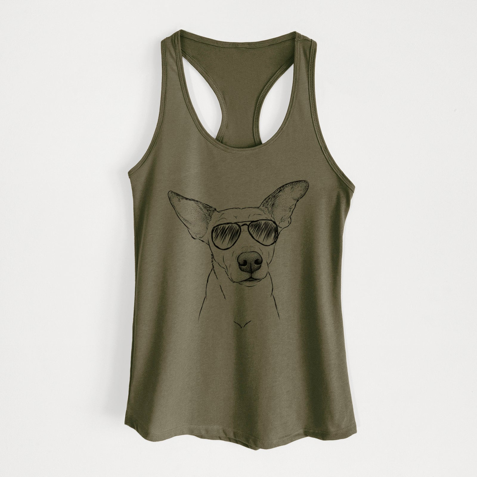 Hand-drawn sketch of Molly the Jack Russell Terrier wearing aviator sunglasses on a Military Green Women's racerback tanktop