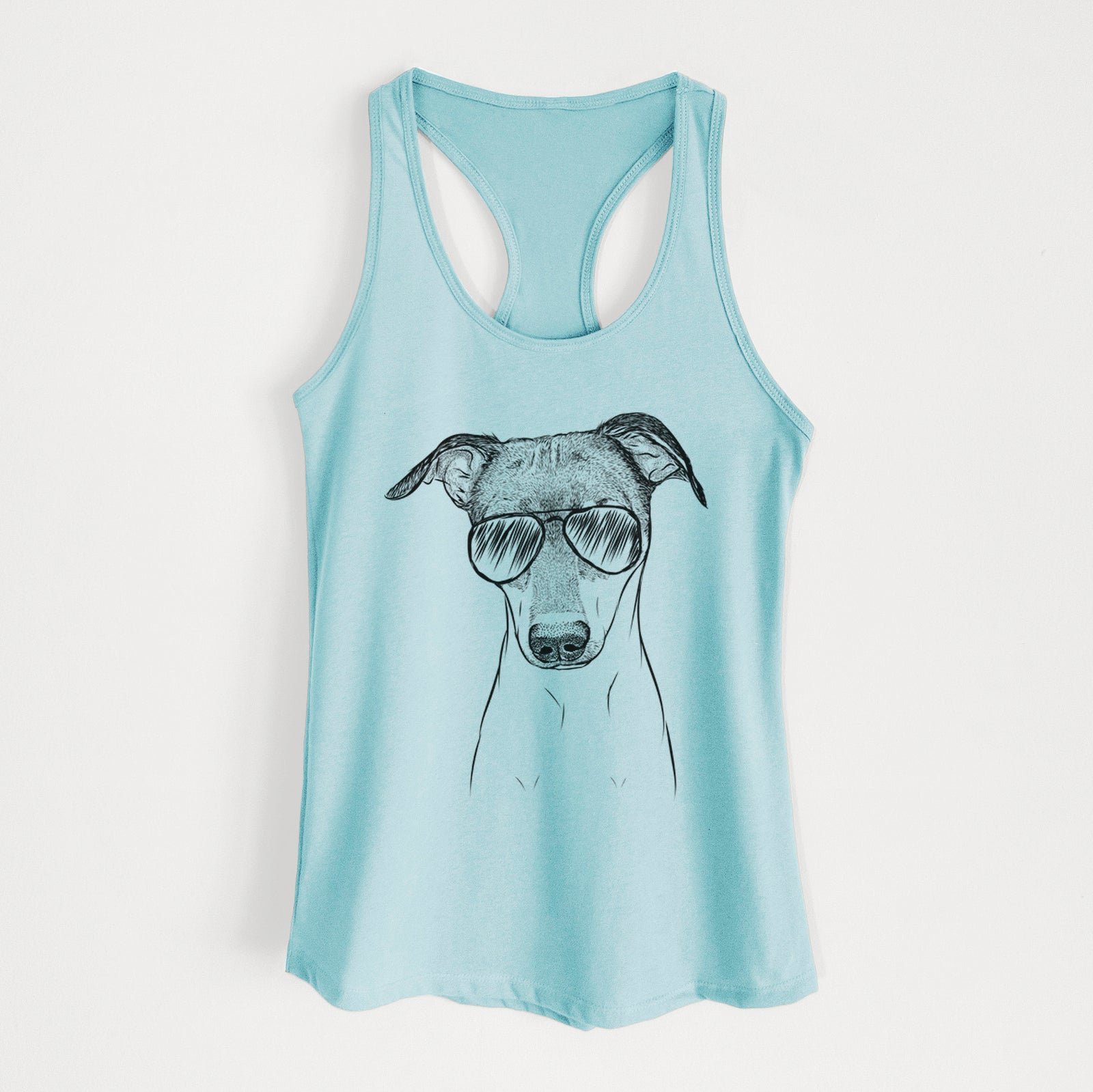 Hand-drawn sketch of Momo the Japanese Terrier wearing aviator sunglasses on a Cancun Blue Women's racerback tanktop