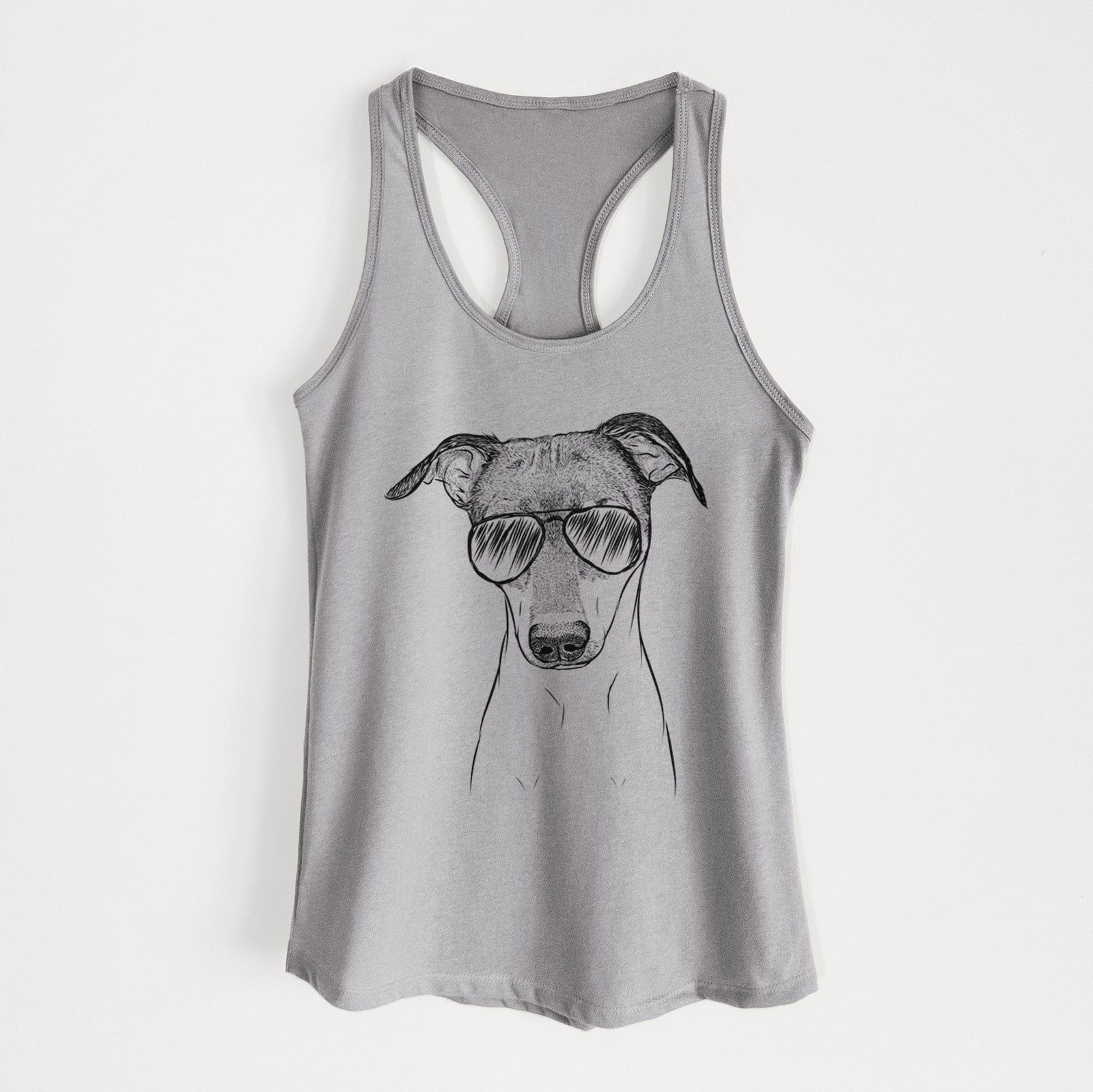 Hand-drawn sketch of Momo the Japanese Terrier wearing aviator sunglasses on a Heather Grey Women's racerback tanktop