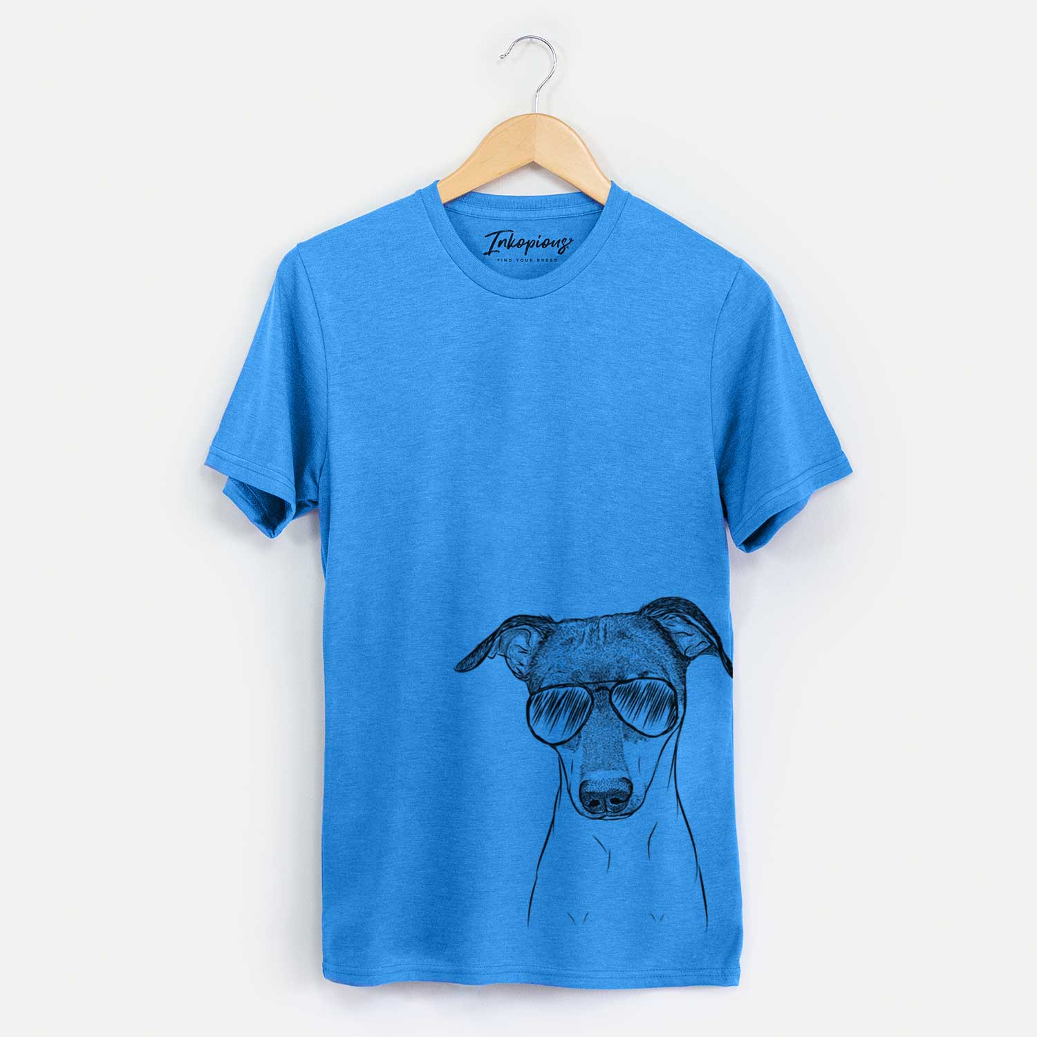 Hand-drawn sketch of Momo the Japanese Terrier wearing aviator sunglasses on a Blue Unisex crewneck