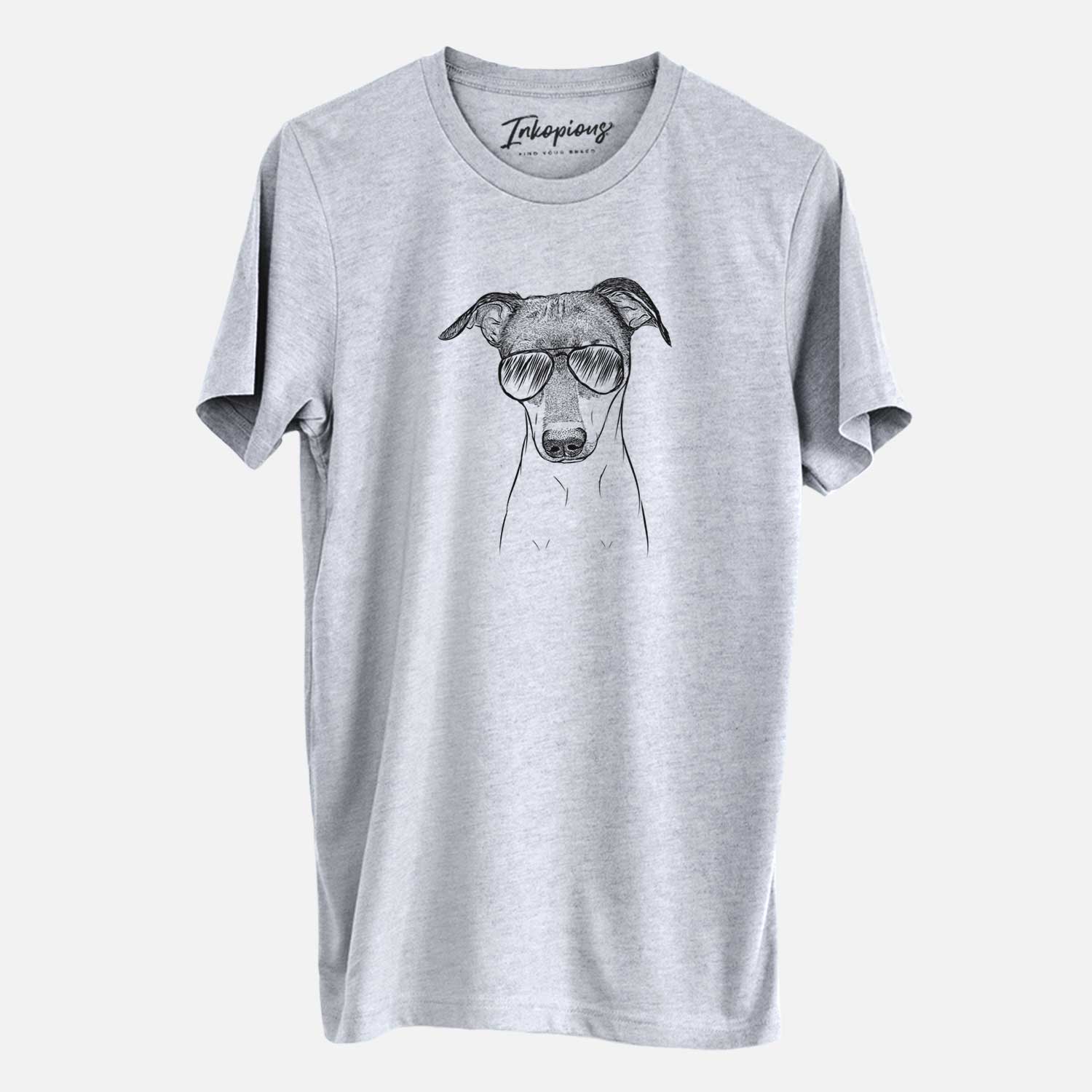 Hand-drawn sketch of Momo the Japanese Terrier wearing aviator sunglasses on a Grey Unisex crewneck