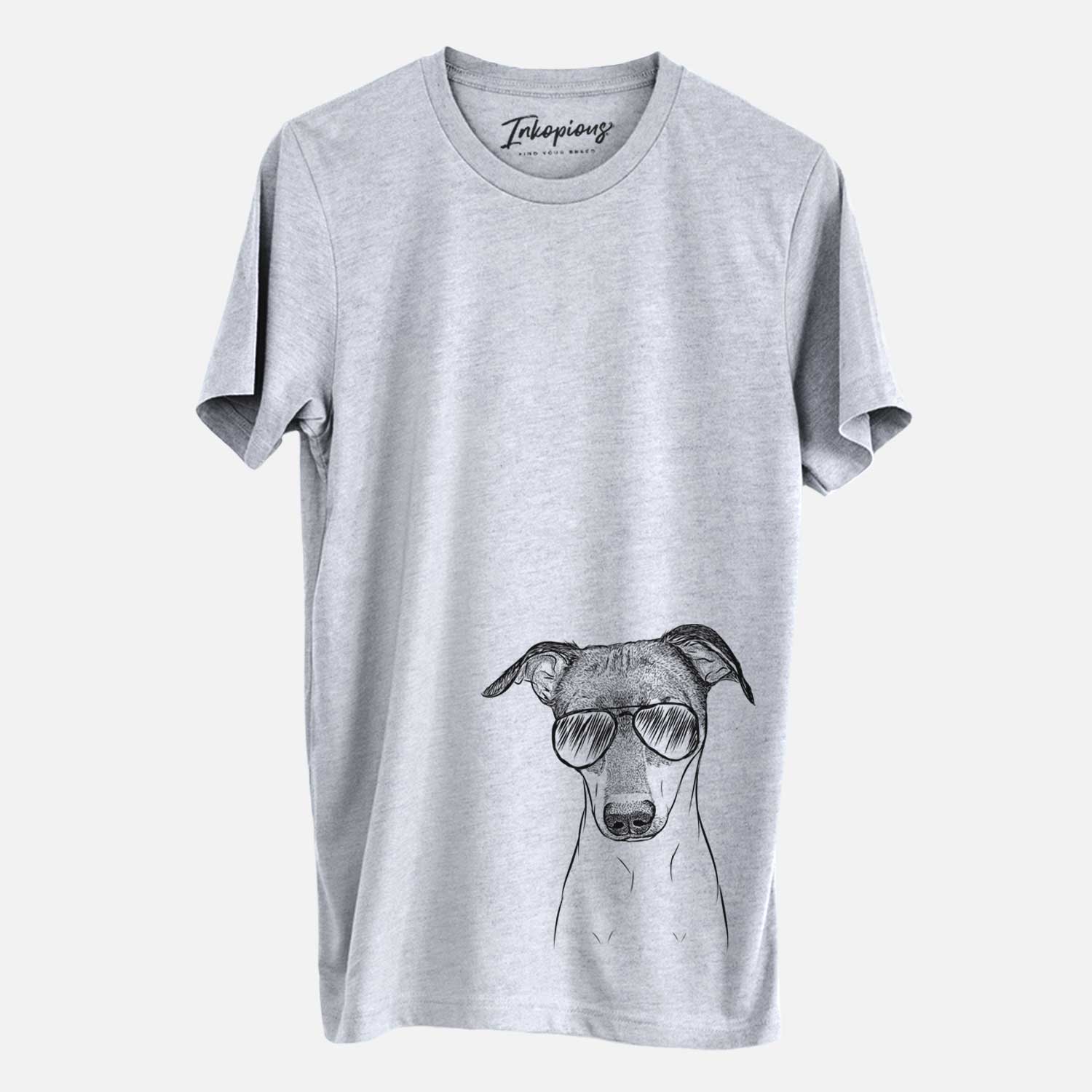 Hand-drawn sketch of Momo the Japanese Terrier wearing aviator sunglasses on a Grey Unisex crewneck