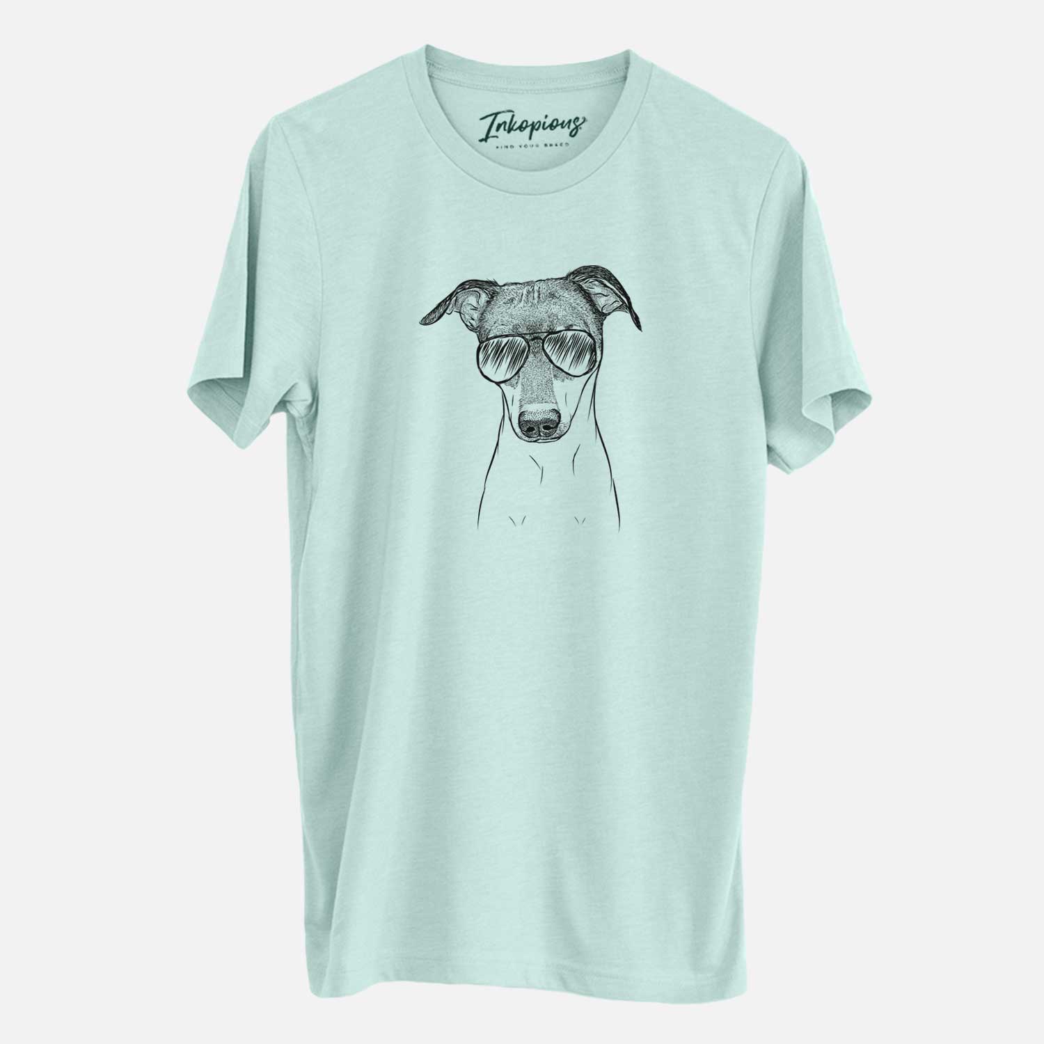 Hand-drawn sketch of Momo the Japanese Terrier wearing aviator sunglasses on a Heather Sage Unisex crewneck