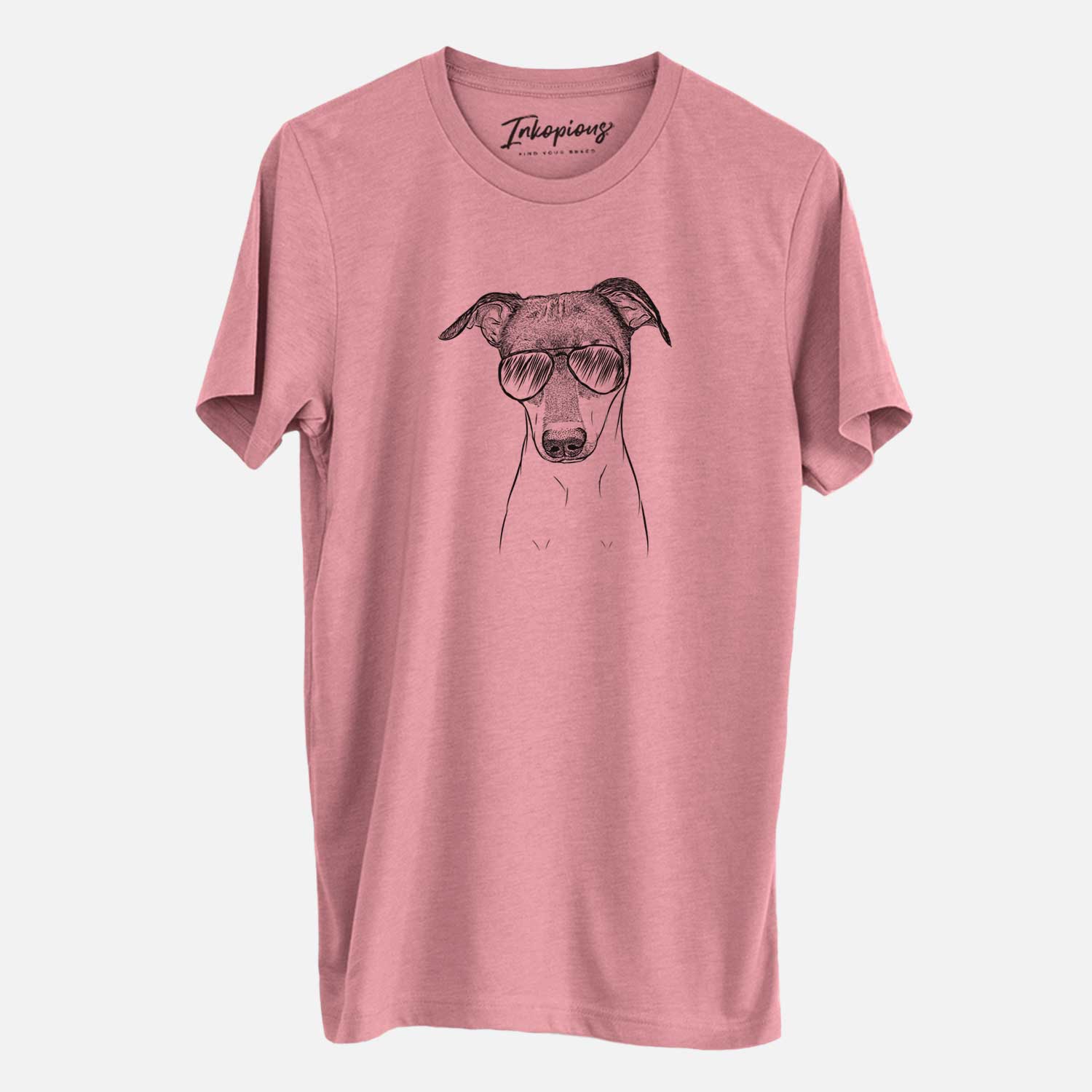 Hand-drawn sketch of Momo the Japanese Terrier wearing aviator sunglasses on a Mauve Unisex crewneck
