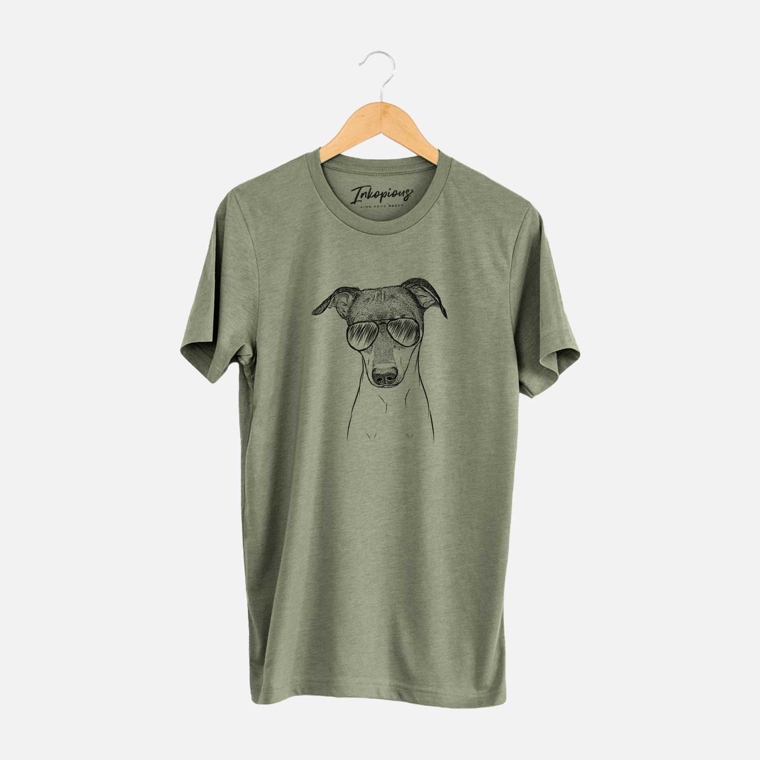 Hand-drawn sketch of Momo the Japanese Terrier wearing aviator sunglasses on an Olive Unisex crewneck