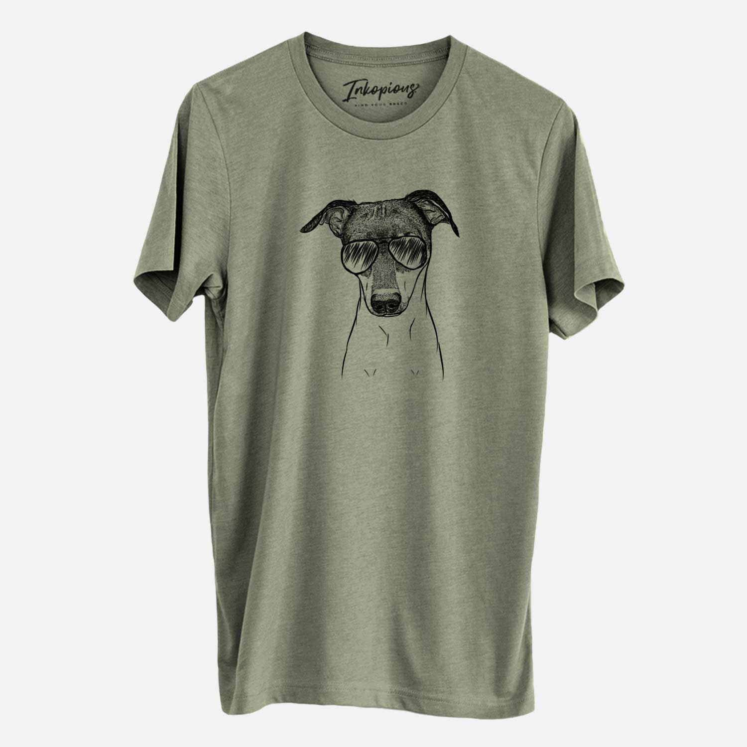 Hand-drawn sketch of Momo the Japanese Terrier wearing aviator sunglasses on an Olive Unisex crewneck