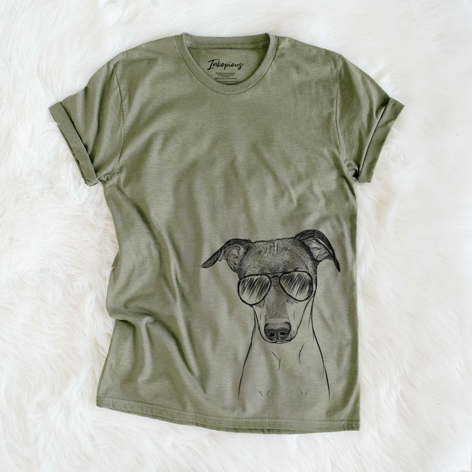 Hand-drawn sketch of Momo the Japanese Terrier wearing aviator sunglasses on an Olive Unisex crewneck