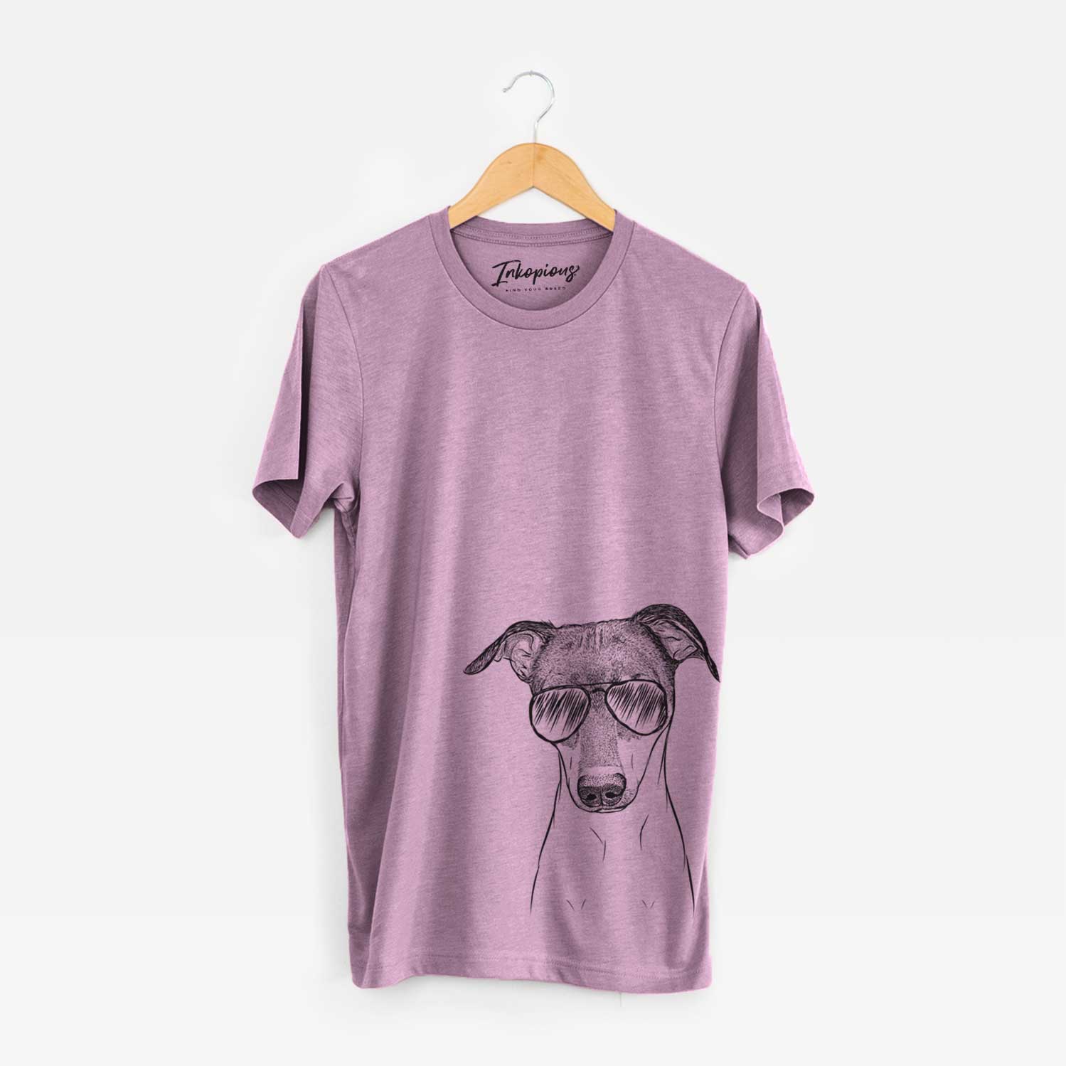 Hand-drawn sketch of Momo the Japanese Terrier wearing aviator sunglasses on an Orchid Unisex crewneck