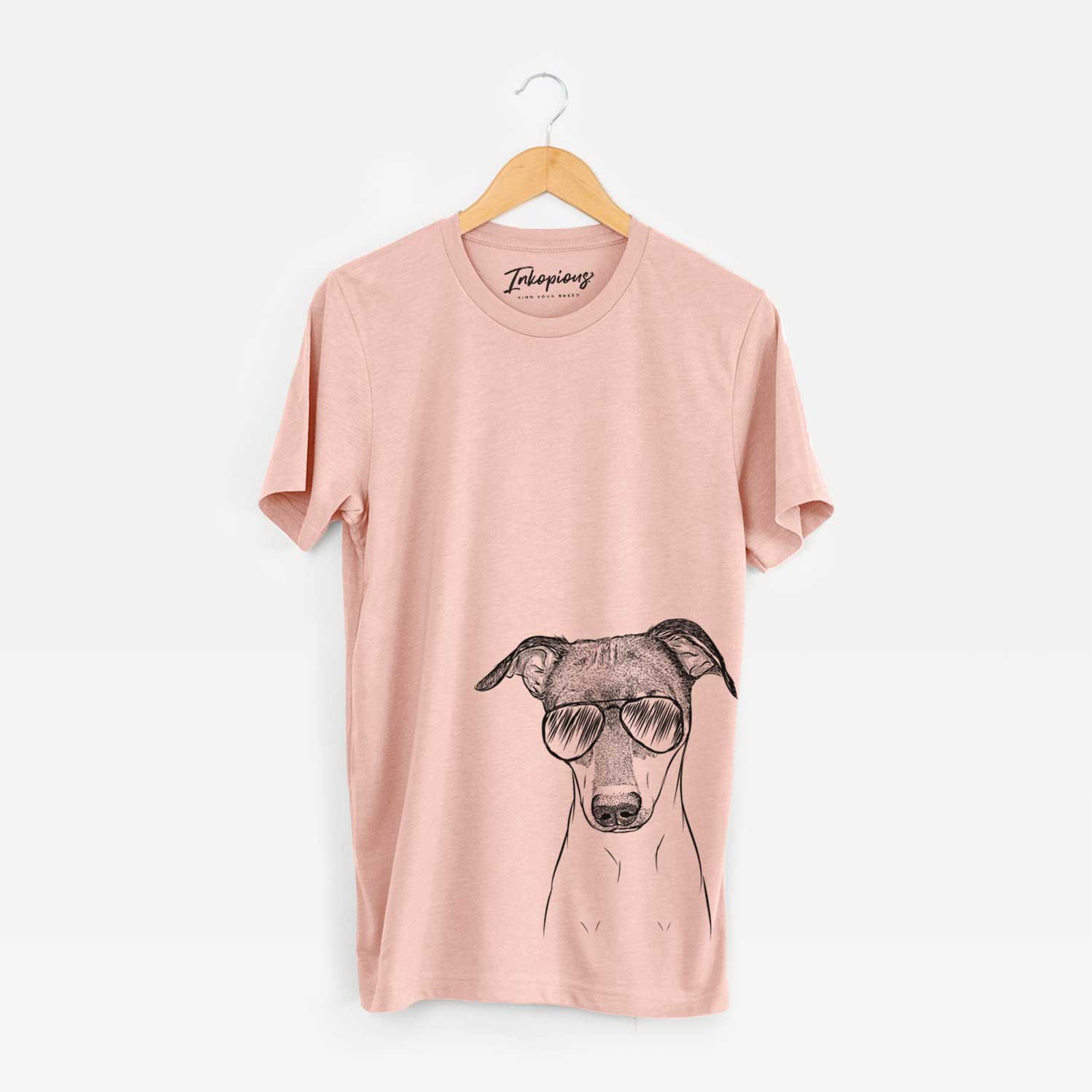 Hand-drawn sketch of Momo the Japanese Terrier wearing aviator sunglasses on a Peach Unisex crewneck