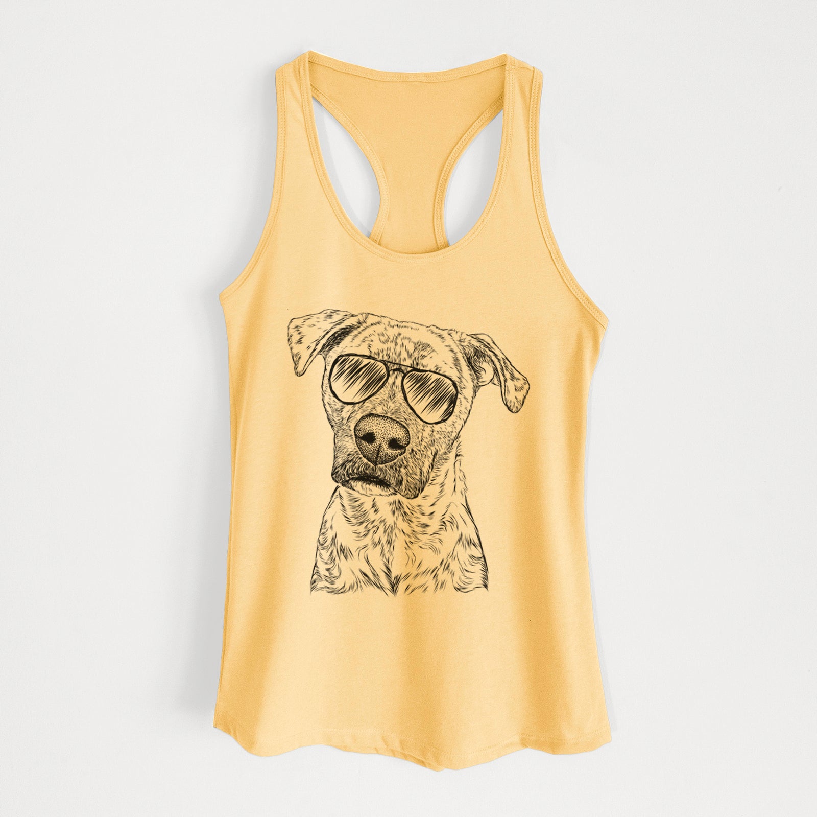 Hand-drawn sketch of Monster Baby the Pitbull Mix wearing aviator sunglasses on a Banana Cream Women's racerback tanktop