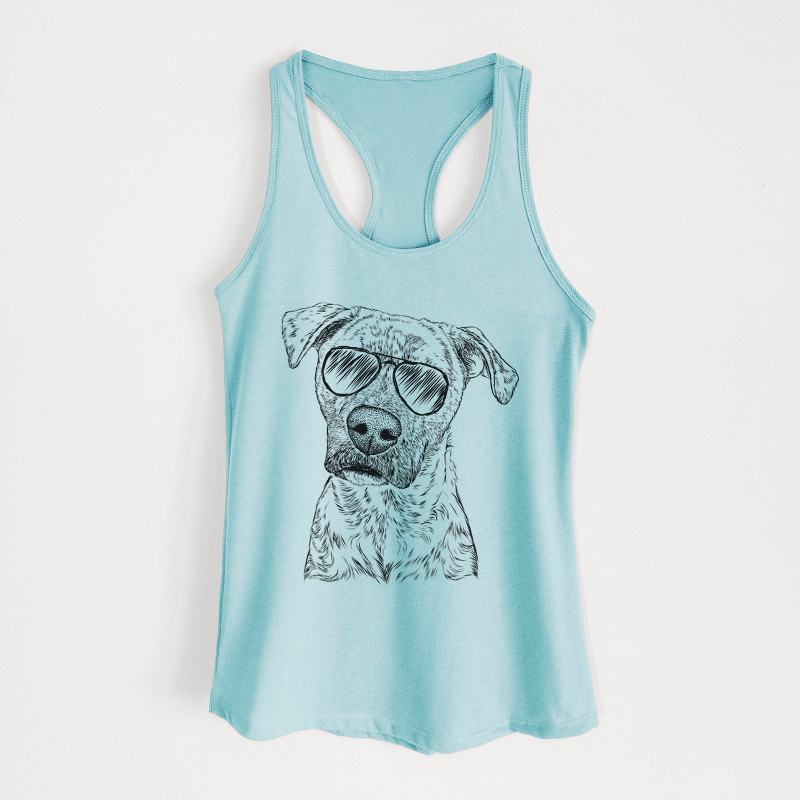 Hand-drawn sketch of Monster Baby the Pitbull Mix wearing aviator sunglasses on a Cancun Blue Women's racerback tanktop
