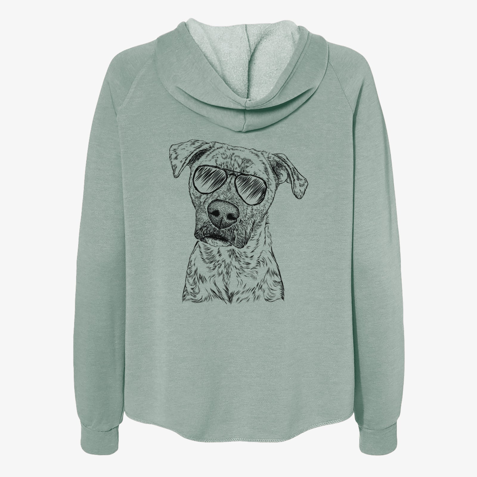 Hand-drawn sketch of Monster Baby the Pitbull Mix wearing aviator sunglasses on a Sage Women's cali wave zip-up sweatshirt