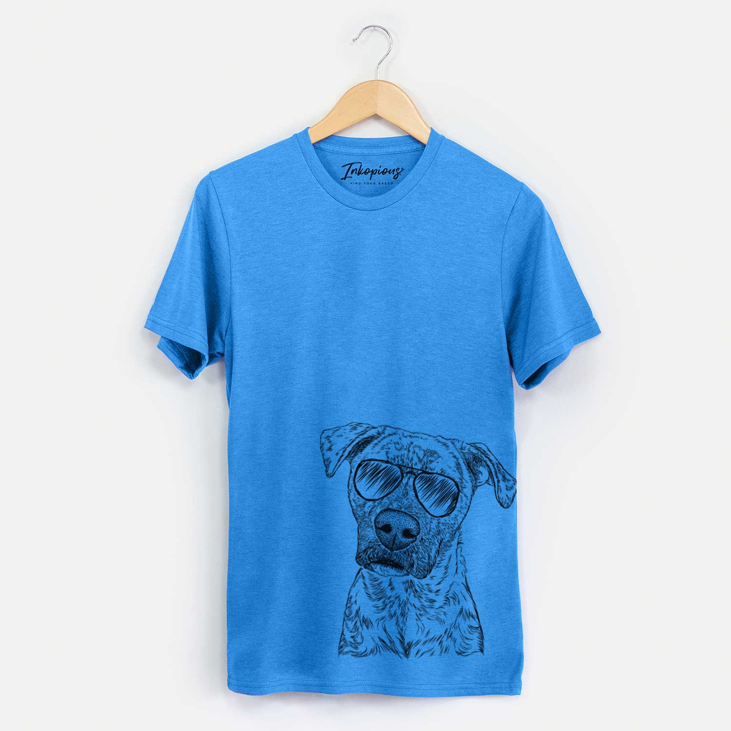 Hand-drawn sketch of Monster Baby the Pitbull Mix wearing aviator sunglasses on a Blue Unisex crewneck