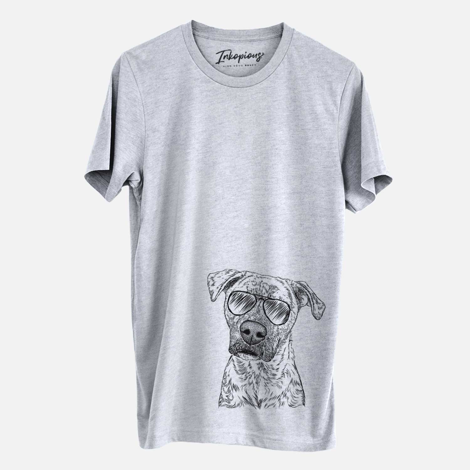 Hand-drawn sketch of Monster Baby the Pitbull Mix wearing aviator sunglasses on a Grey Unisex crewneck