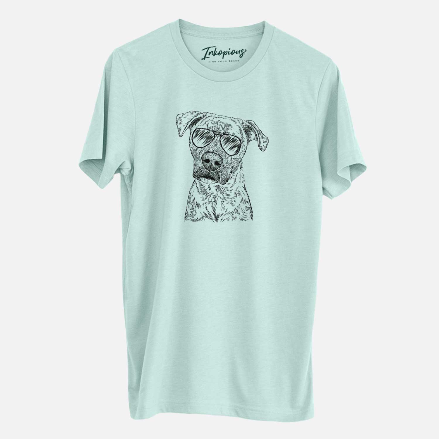 Hand-drawn sketch of Monster Baby the Pitbull Mix wearing aviator sunglasses on a Heather Sage Unisex crewneck