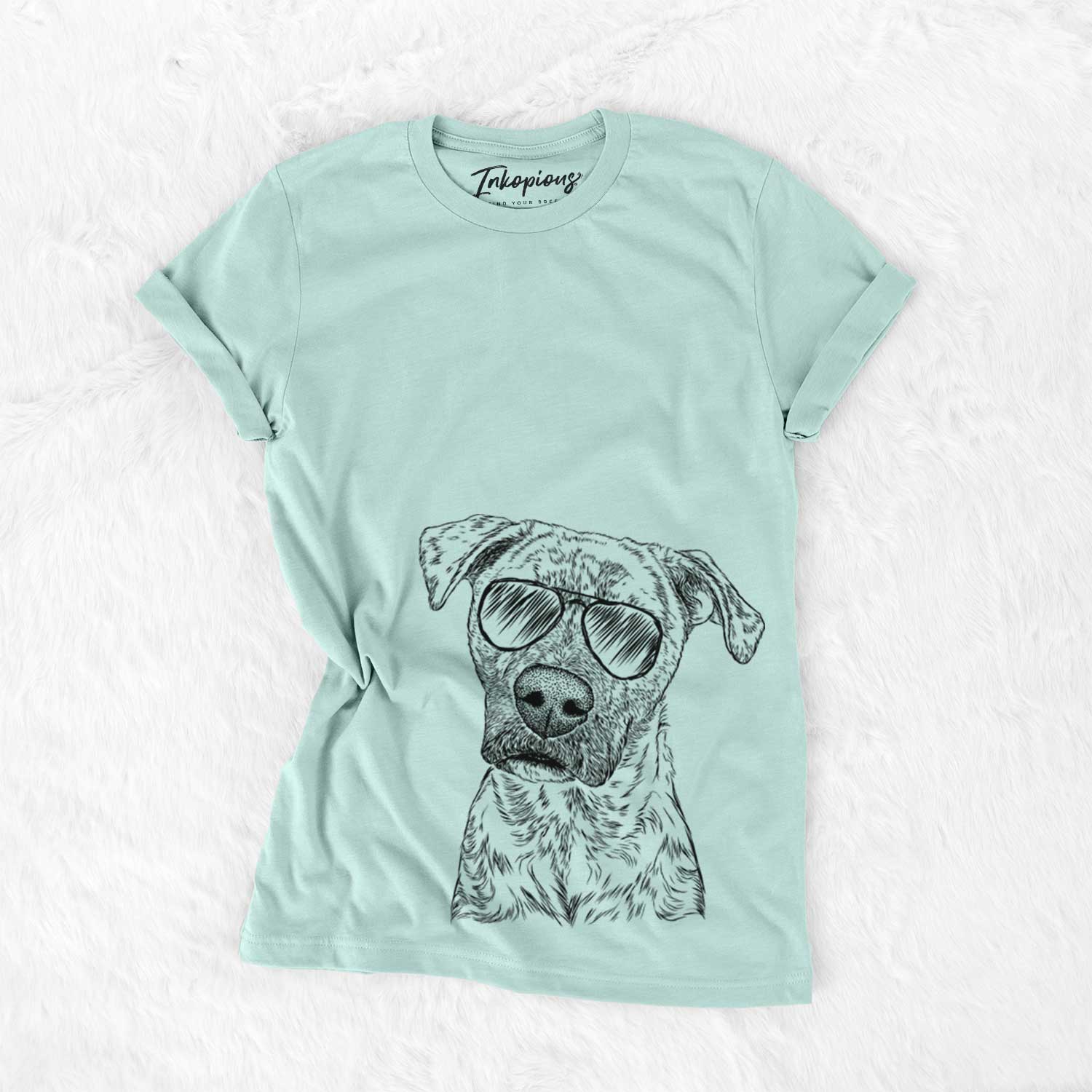 Hand-drawn sketch of Monster Baby the Pitbull Mix wearing aviator sunglasses on a Heather Sage Unisex crewneck
