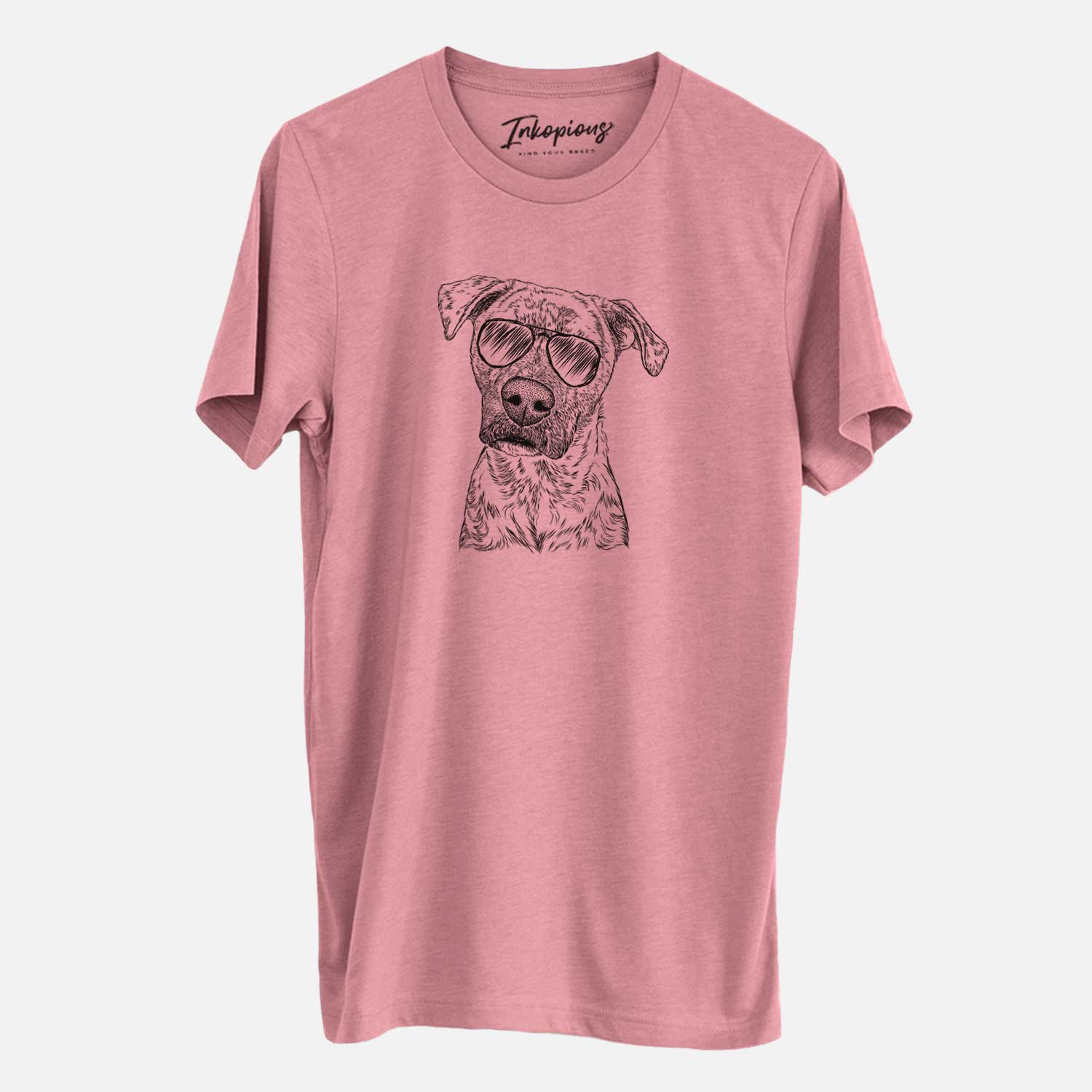 Hand-drawn sketch of Monster Baby the Pitbull Mix wearing aviator sunglasses on a Mauve Unisex crewneck