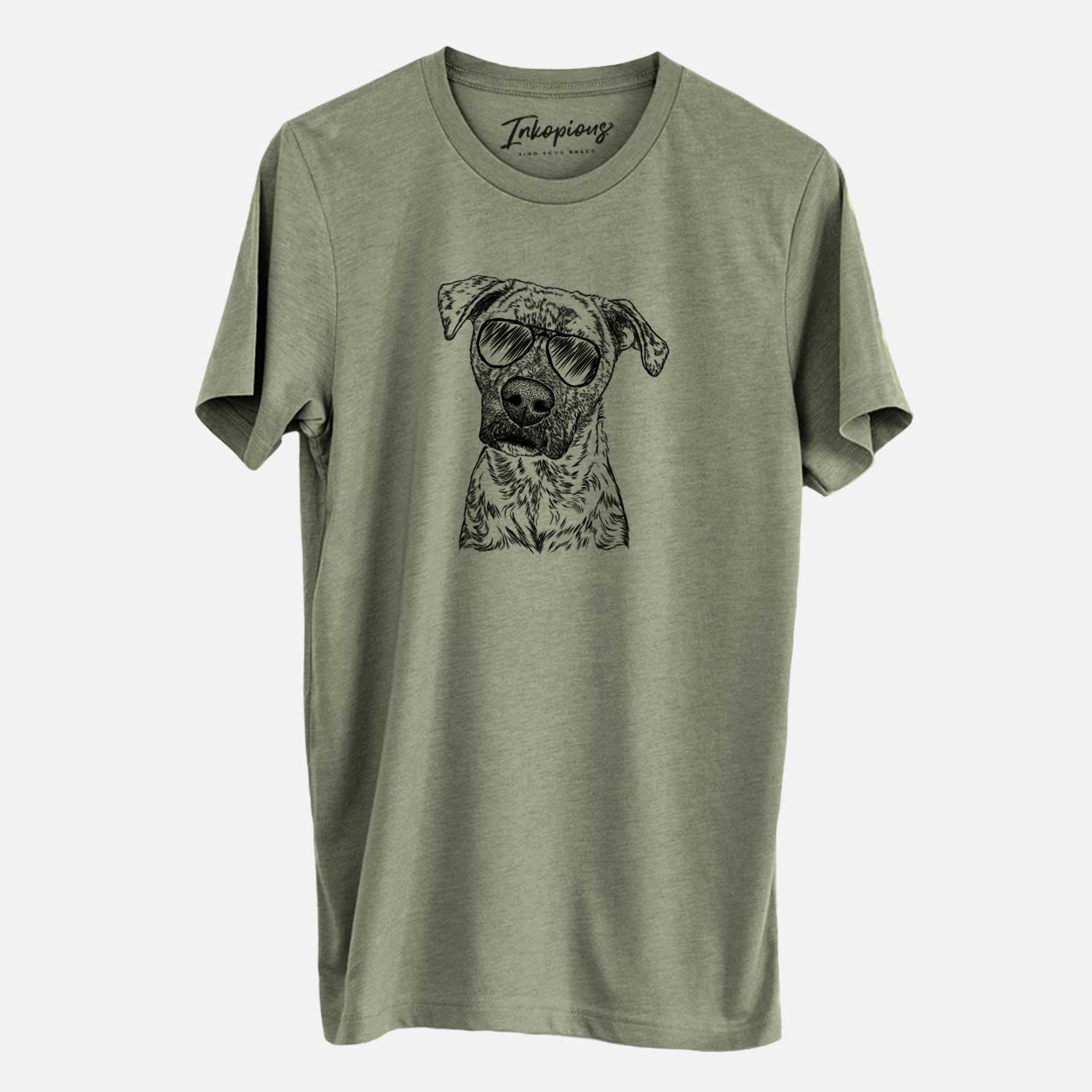 Hand-drawn sketch of Monster Baby the Pitbull Mix wearing aviator sunglasses on an Olive Unisex crewneck