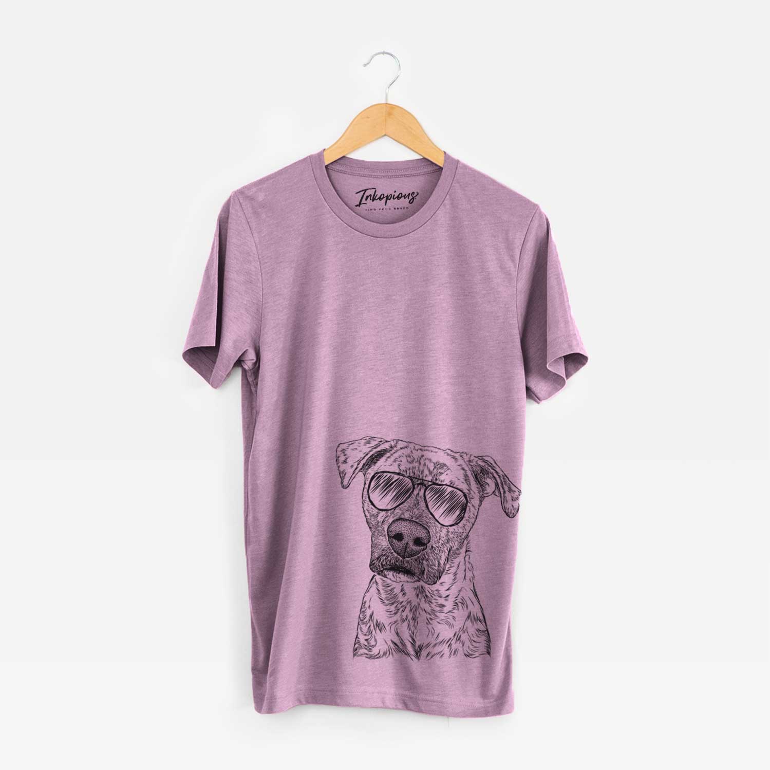 Hand-drawn sketch of Monster Baby the Pitbull Mix wearing aviator sunglasses on an Orchid Unisex crewneck