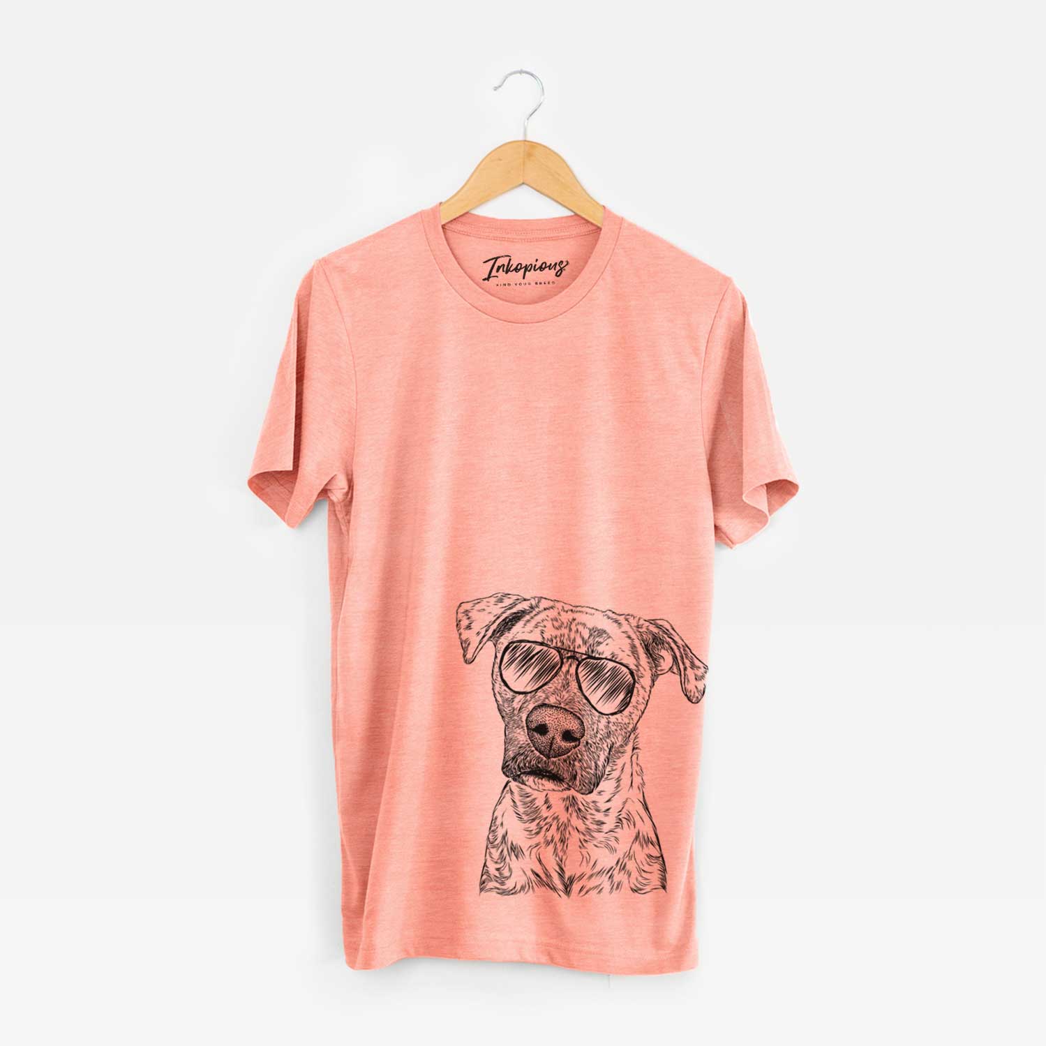 Hand-drawn sketch of Monster Baby the Pitbull Mix wearing aviator sunglasses on a Sunset Unisex crewneck