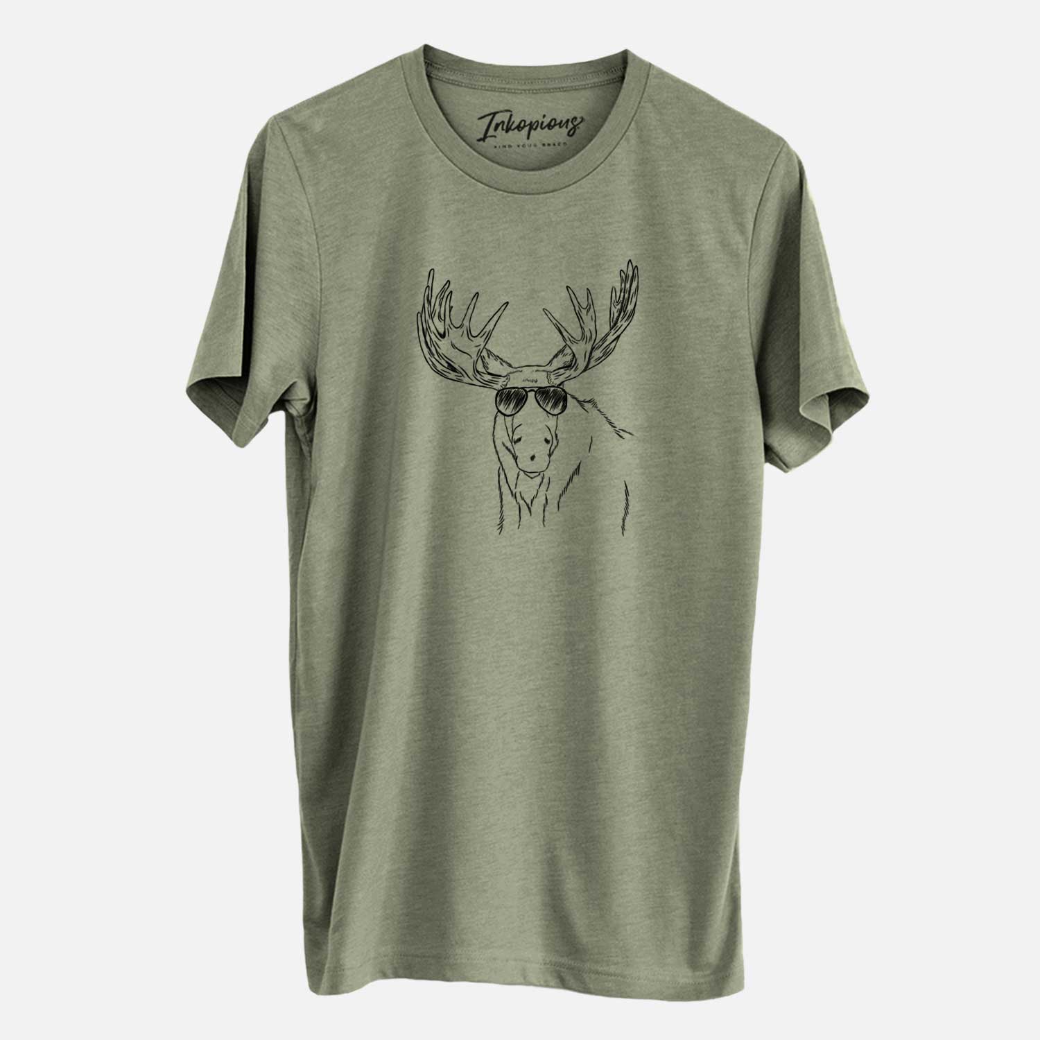 Hand-drawn sketch of Monty the Moose wearing aviator sunglasses on an Olive Unisex crewneck