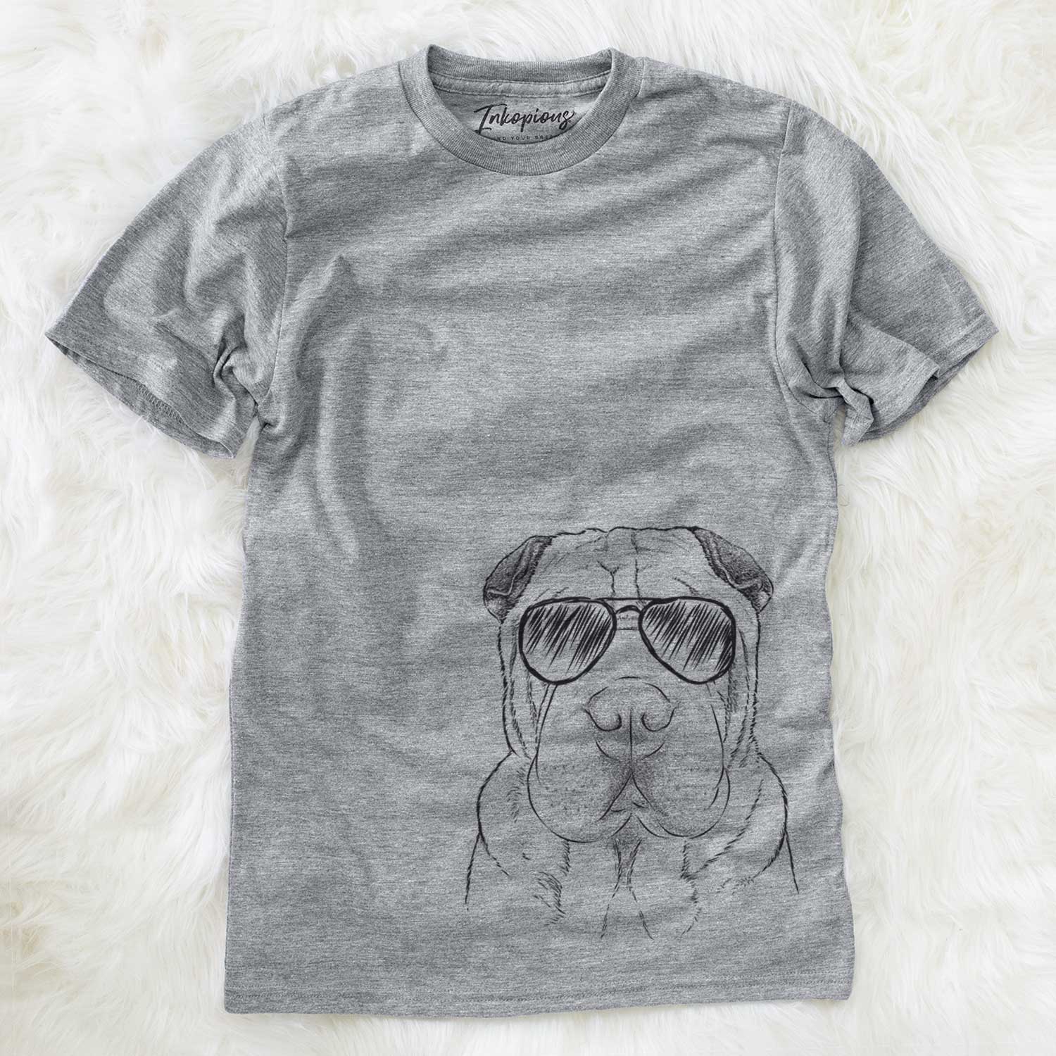 Hand-drawn sketch of Moomers the Shar Pei wearing aviator sunglasses on a Grey Unisex crewneck