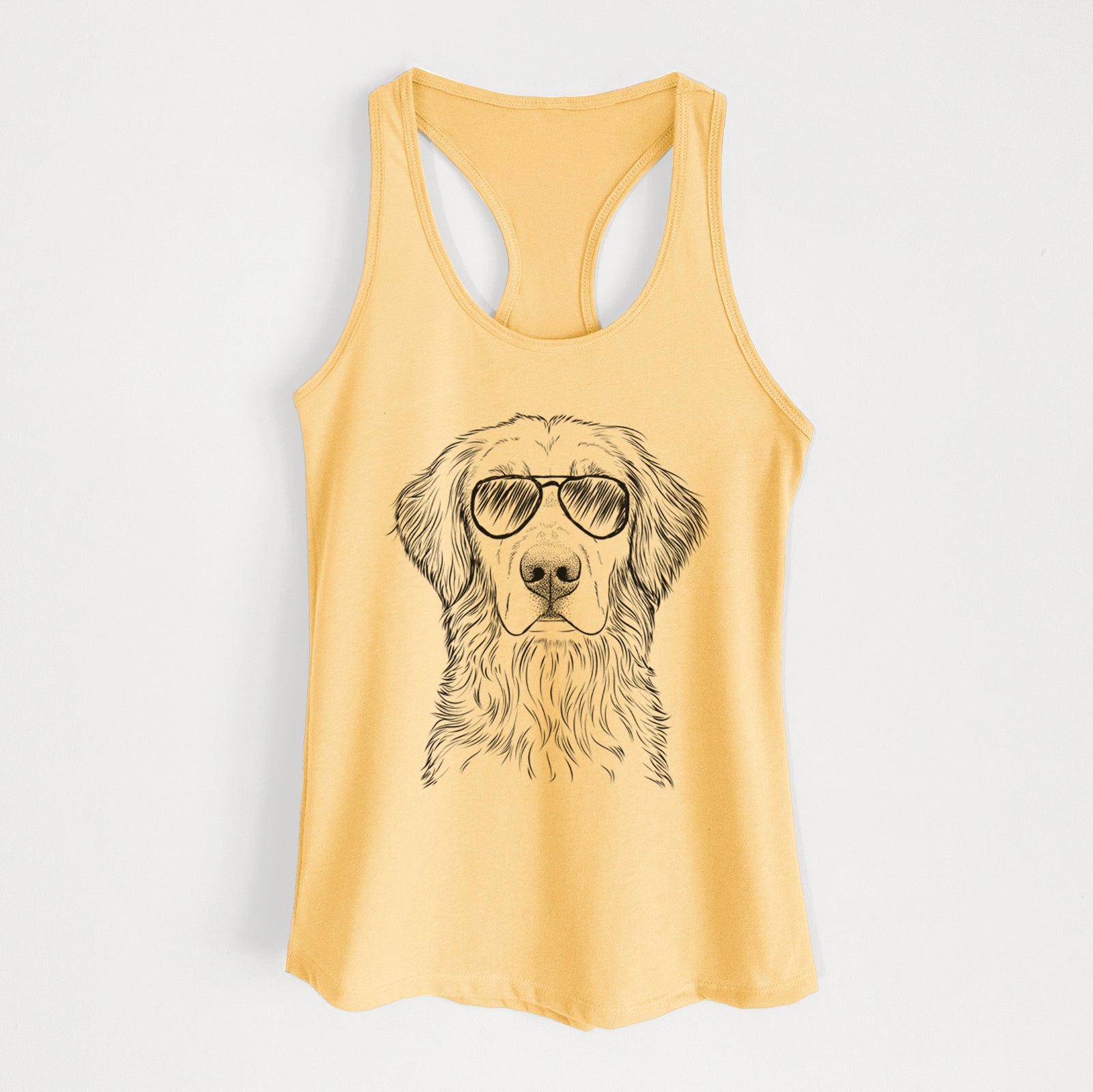 Hand-drawn sketch of Moose the Field Golden Retriever wearing aviator sunglasses on a Banana Cream Women's racerback tanktop