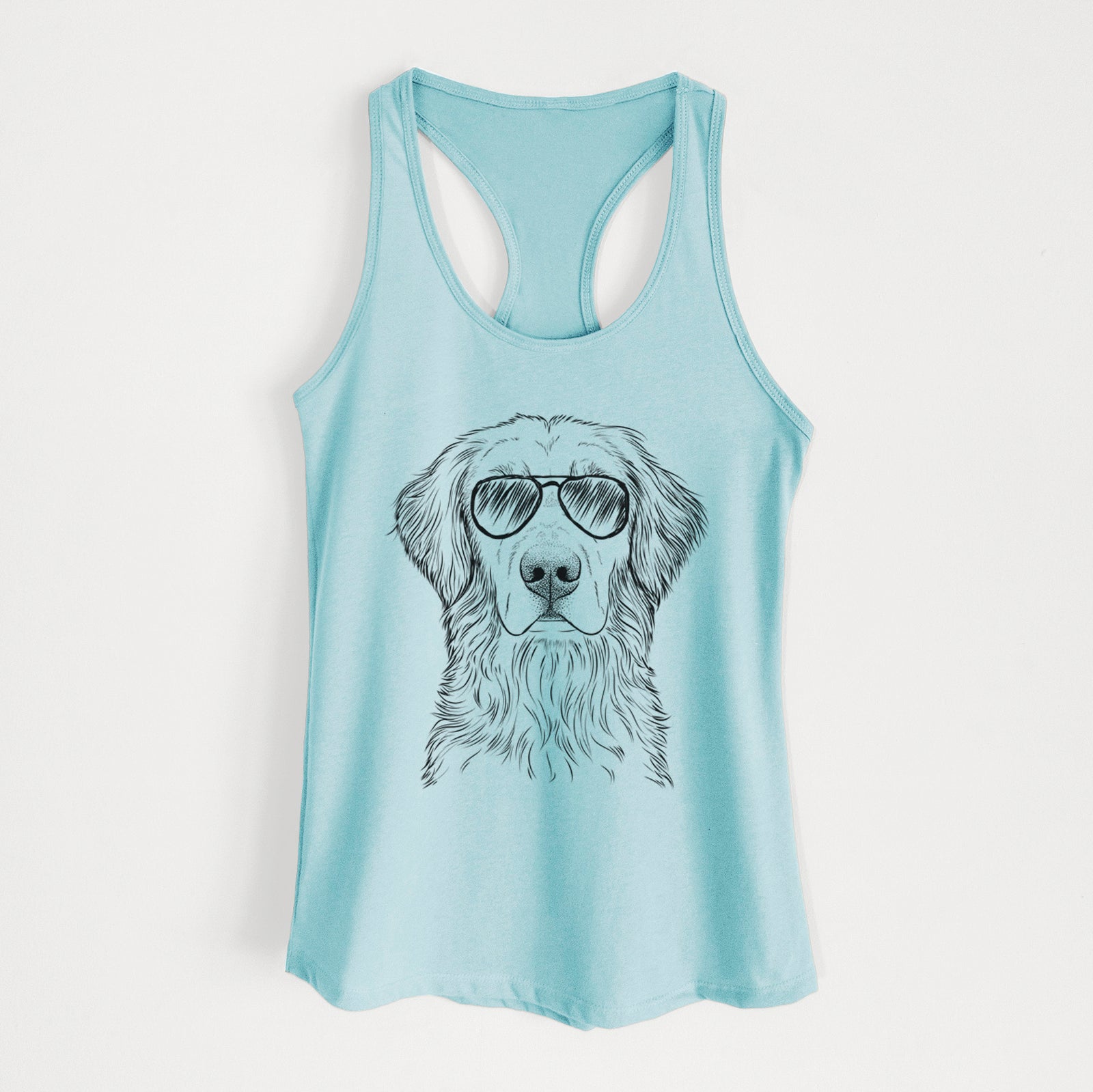 Hand-drawn sketch of Moose the Field Golden Retriever wearing aviator sunglasses on a Cancun Blue Women's racerback tanktop
