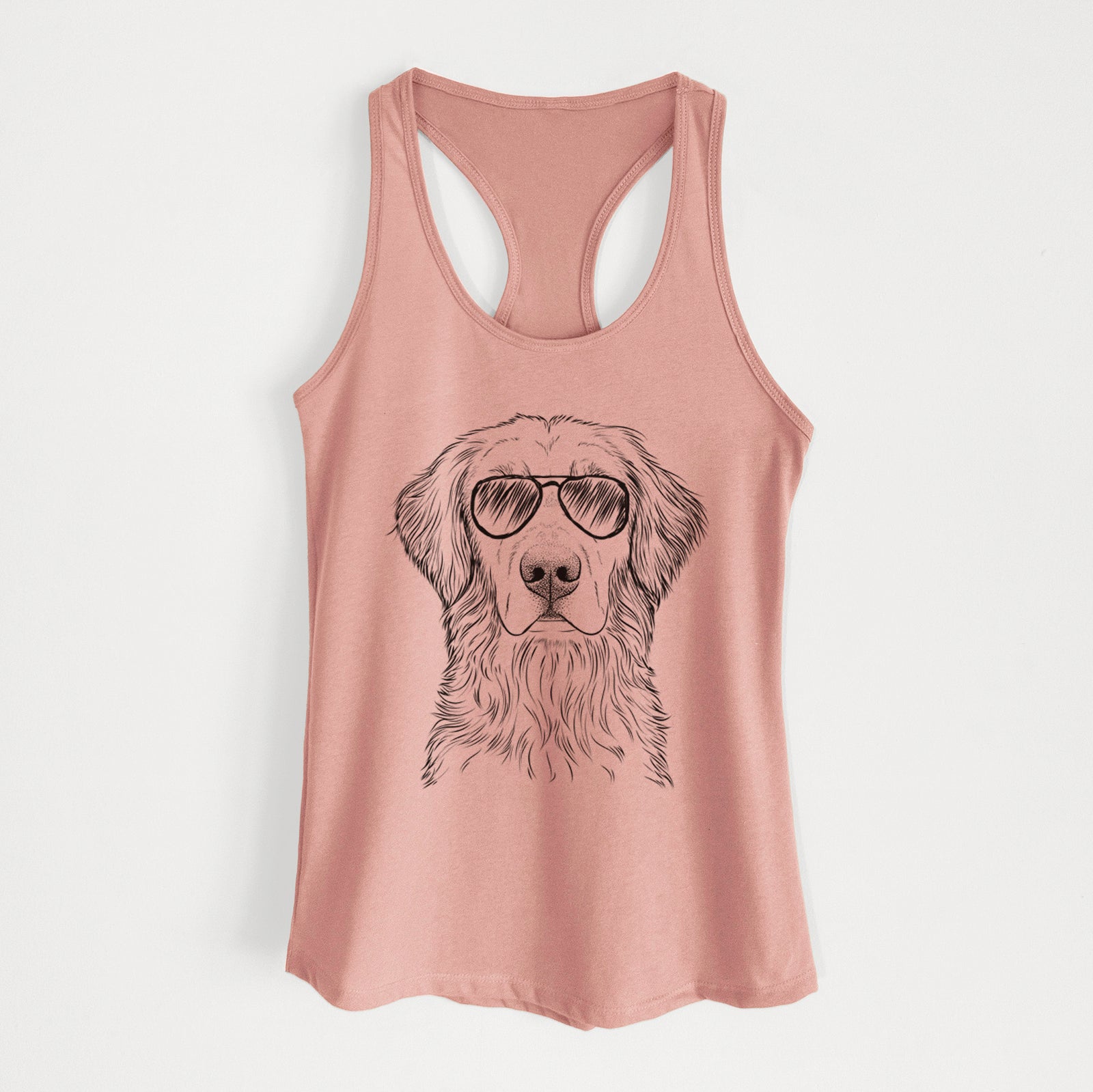 Hand-drawn sketch of Moose the Field Golden Retriever wearing aviator sunglasses on a Desert Pink Women's racerback tanktop