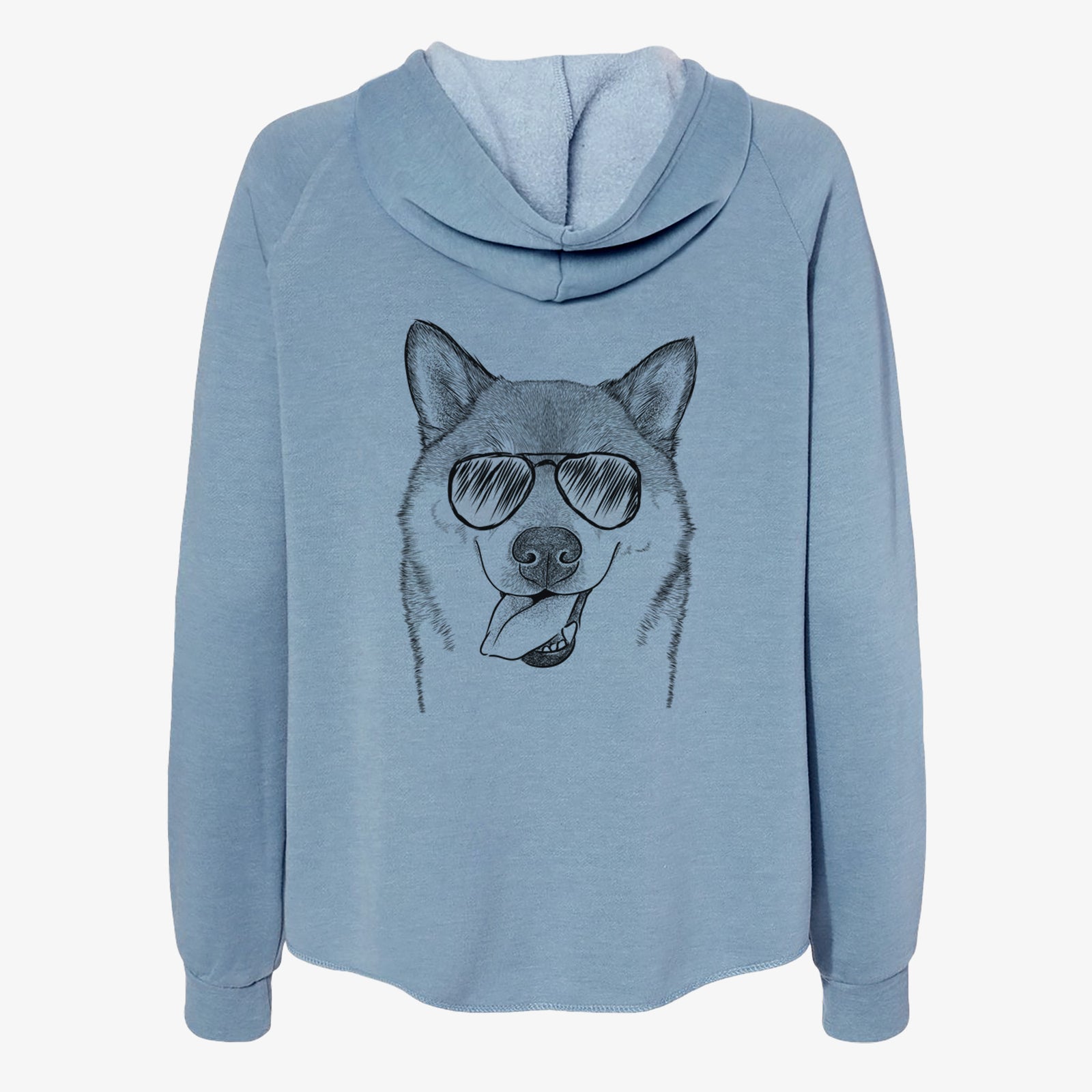 Hand-drawn sketch of Mothra the Shiba Inu wearing aviator sunglasses on a Misty Blue Women's cali wave zip-up sweatshirt