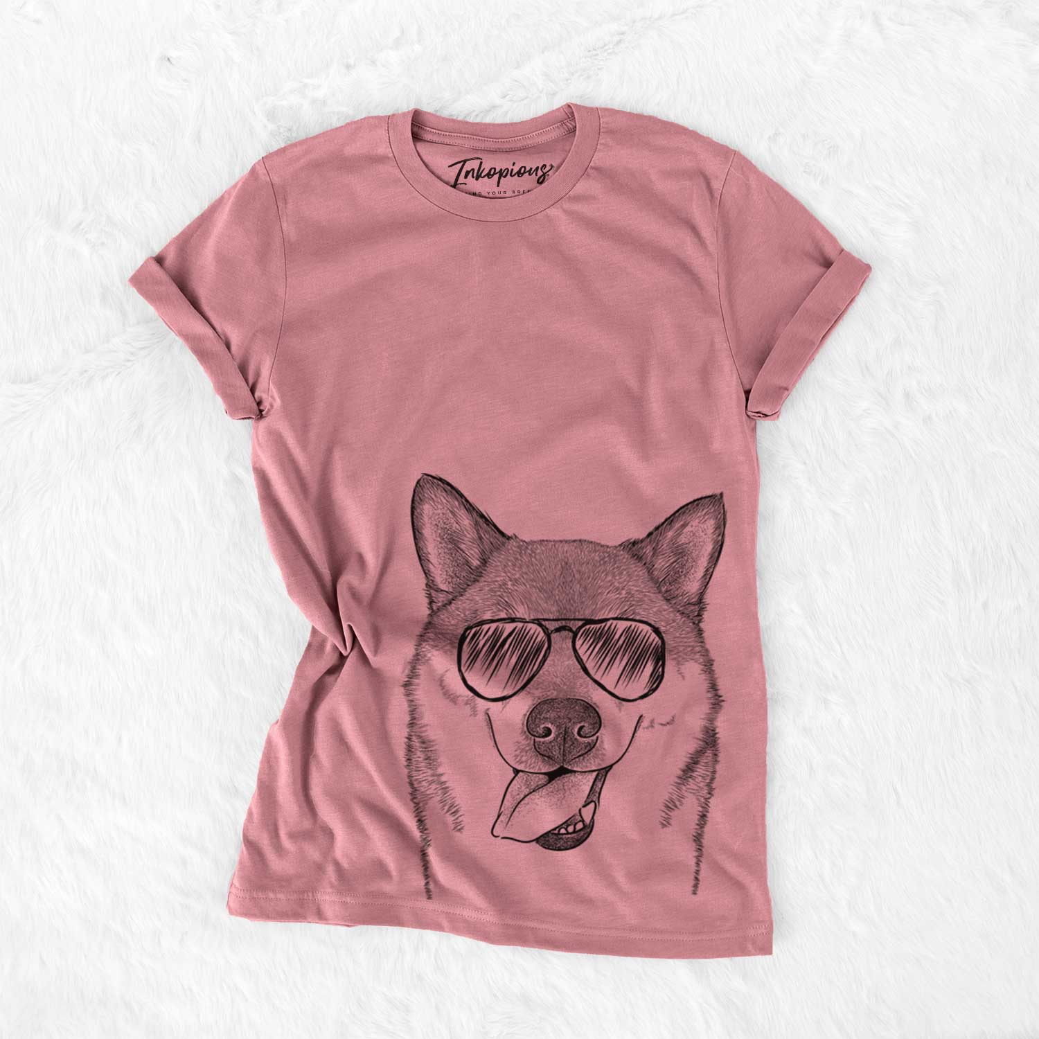 Hand-drawn sketch of Mothra the Shiba Inu wearing aviator sunglasses on a Mauve Bella Canvas Unisex Crewneck