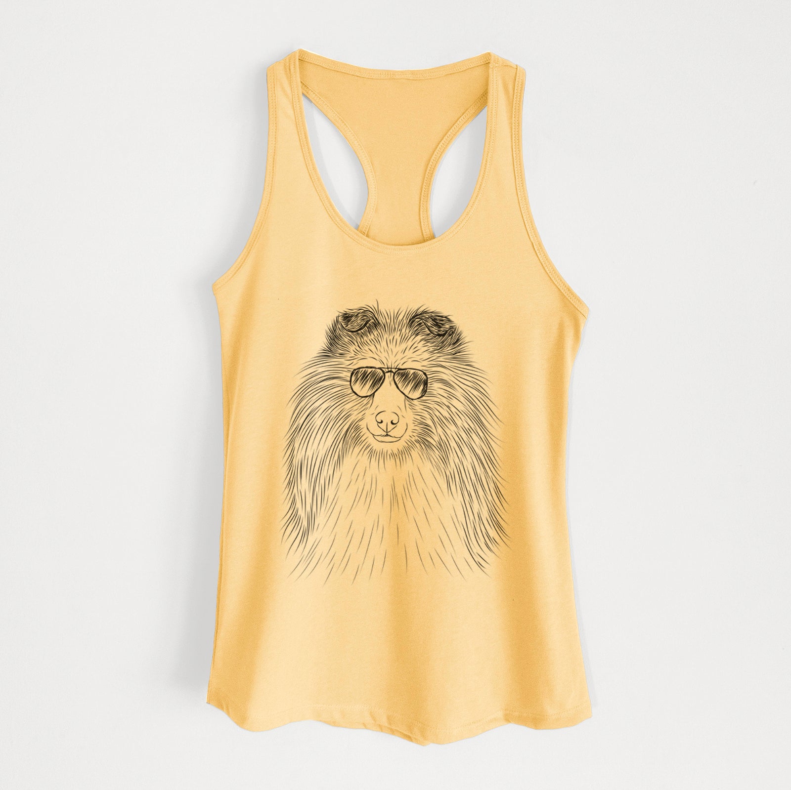 Hand-drawn sketch of Moxie the Shetland Sheepdog wearing aviator sunglasses on a Banana Cream Women's racerback tanktop