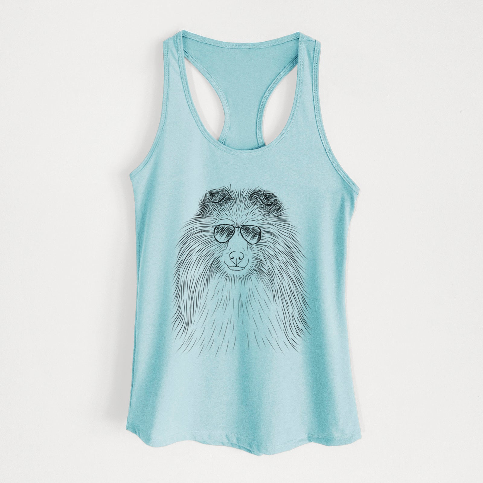 Hand-drawn sketch of Moxie the Shetland Sheepdog wearing aviator sunglasses on a Cancun Blue Women's racerback tanktop