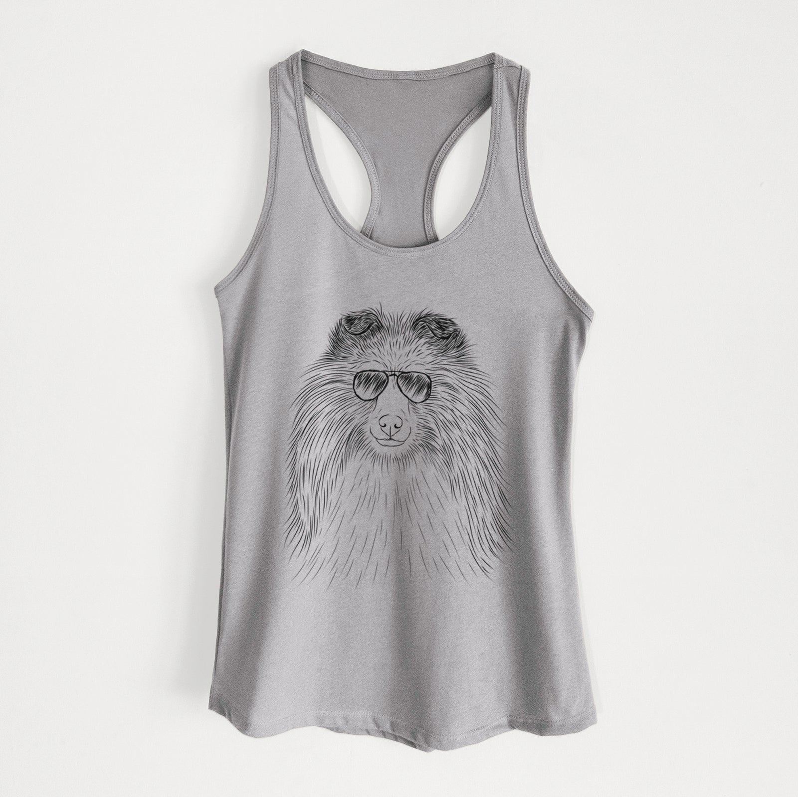 Hand-drawn sketch of Moxie the Shetland Sheepdog wearing aviator sunglasses on a Heather Grey Women's racerback tanktop