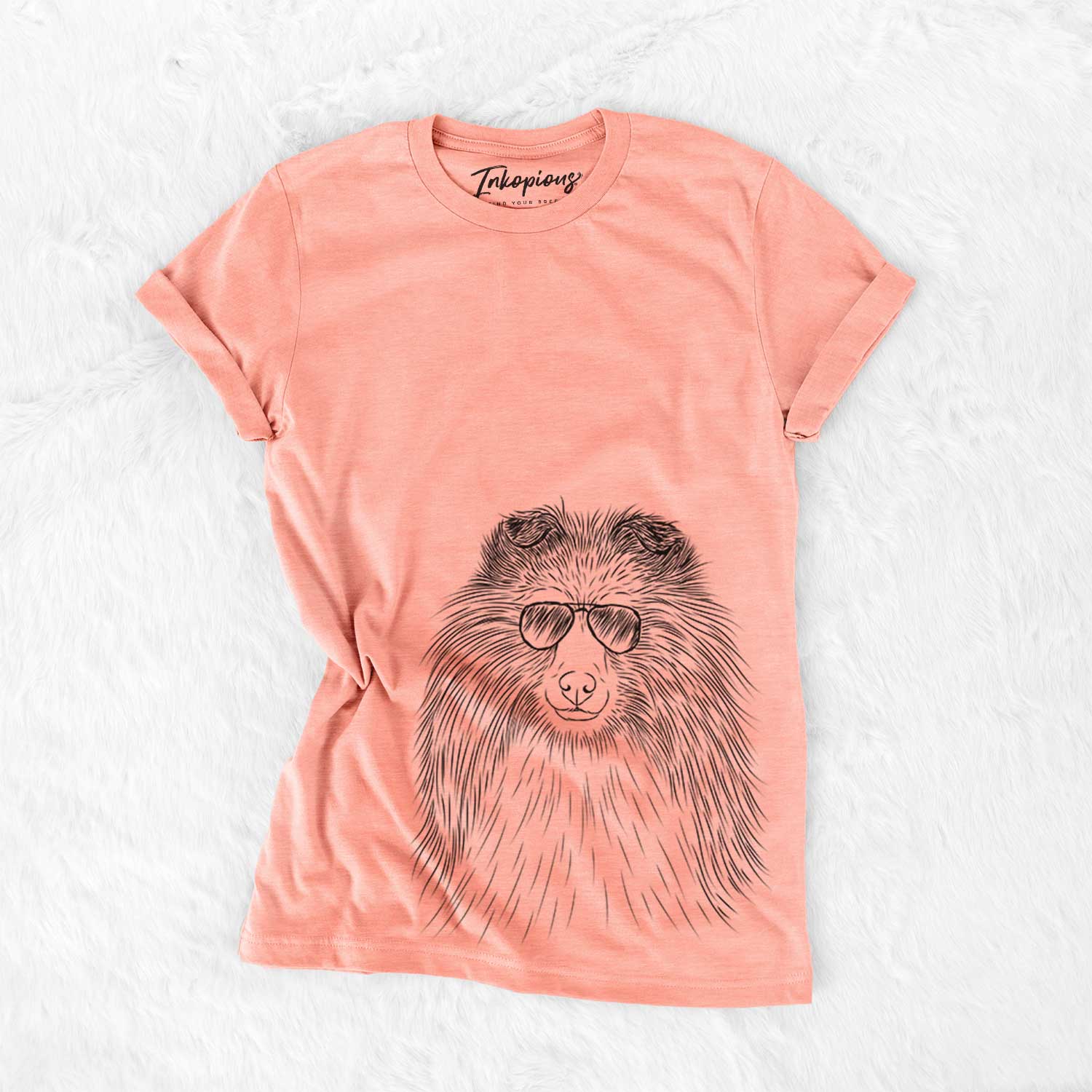 Hand-drawn sketch of Moxie the Shetland Sheepdog wearing aviator sunglasses on a Sunset Bella Canvas Unisex Crewneck