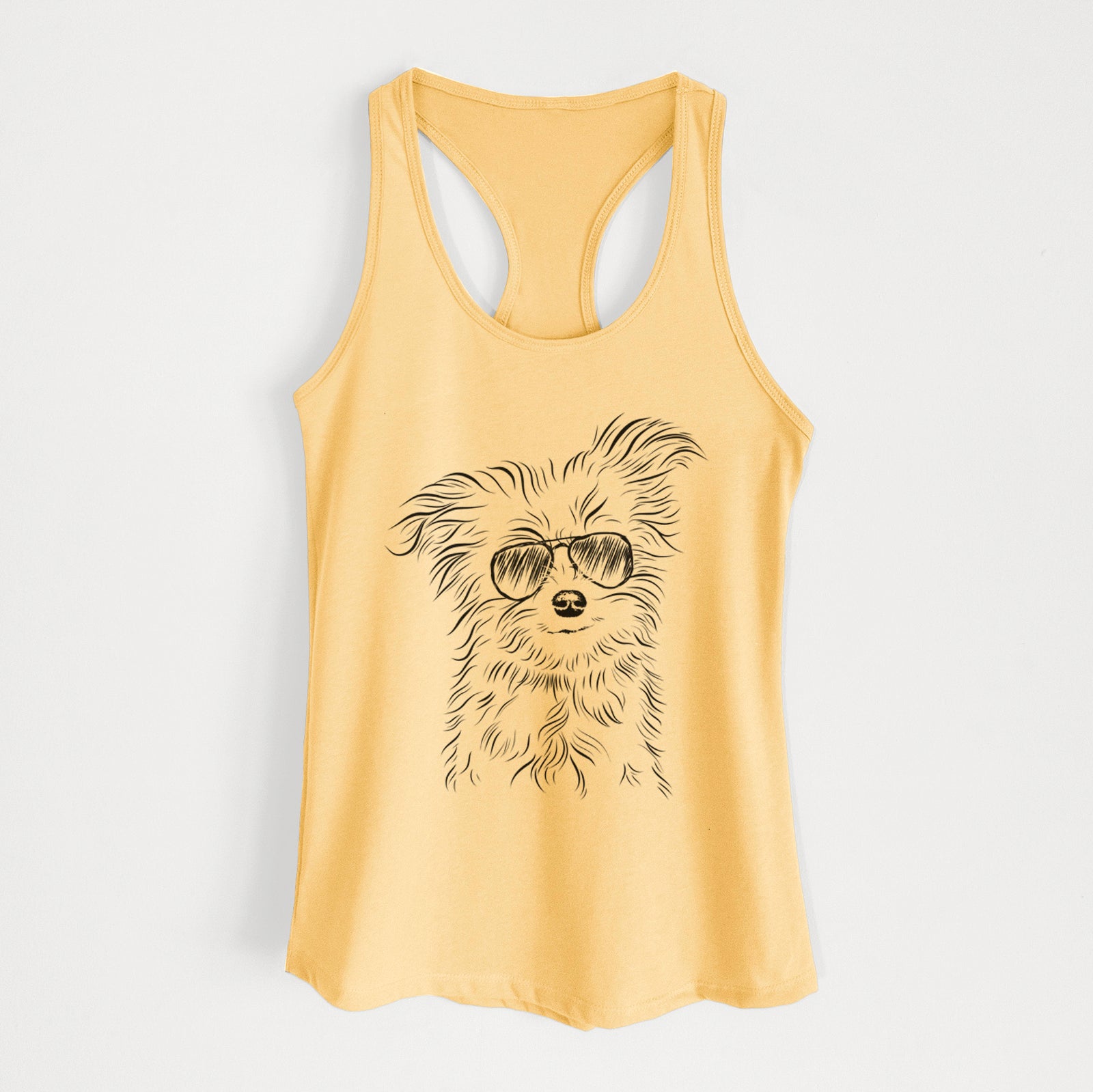 Hand-drawn sketch of Mr. Gucci Poochi the Maltese wearing aviator sunglasses on a Banana Cream Women's racerback tanktop