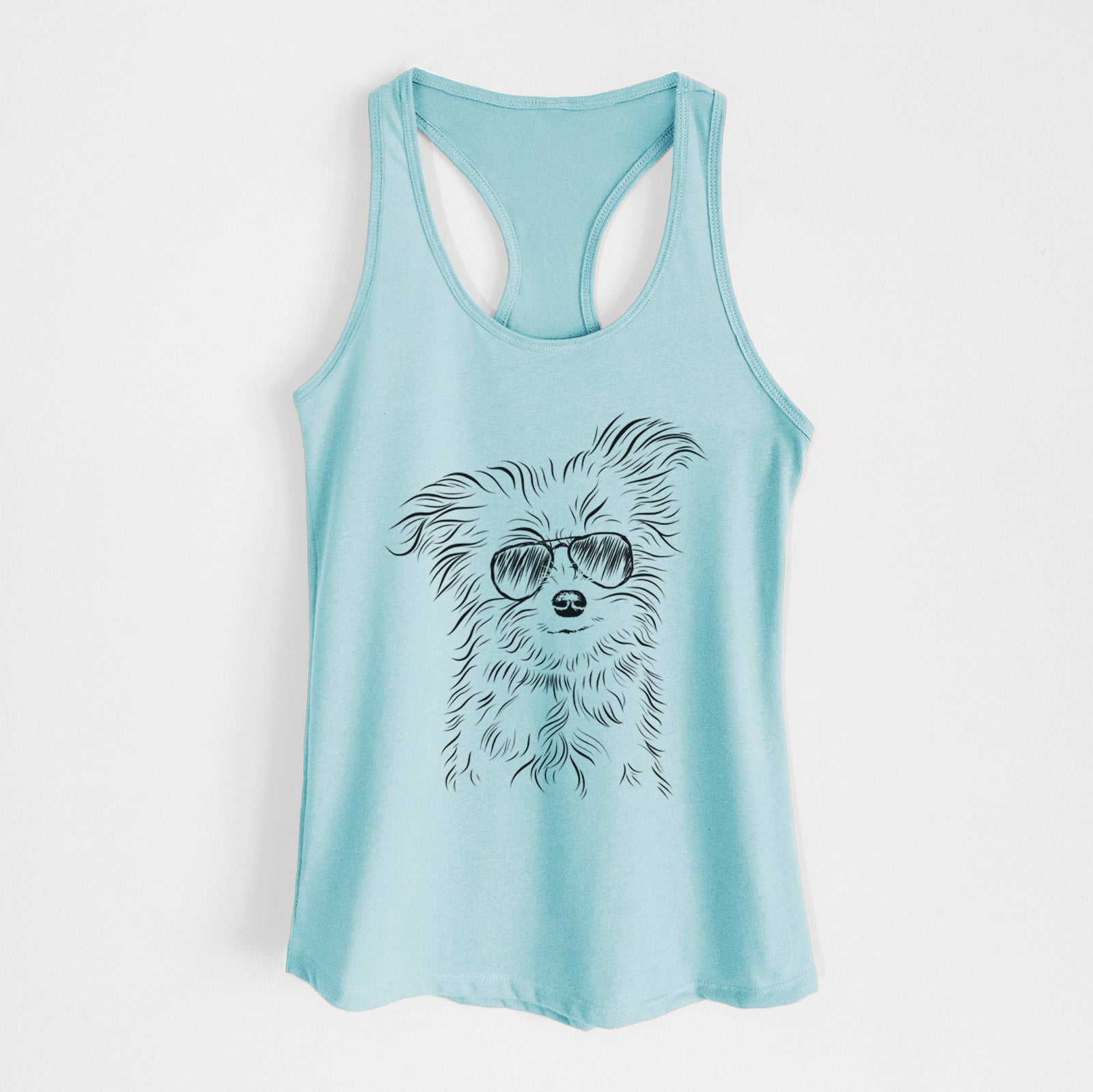 Hand-drawn sketch of Mr. Gucci Poochi the Maltese wearing aviator sunglasses on a Cancun Blue Women's racerback tanktop