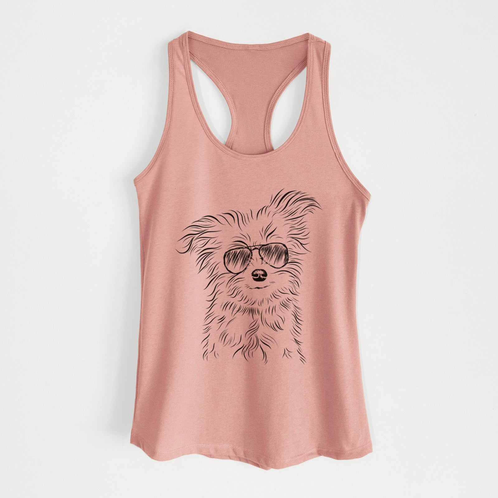 Hand-drawn sketch of Mr. Gucci Poochi the Maltese wearing aviator sunglasses on a Desert Pink Women's racerback tanktop