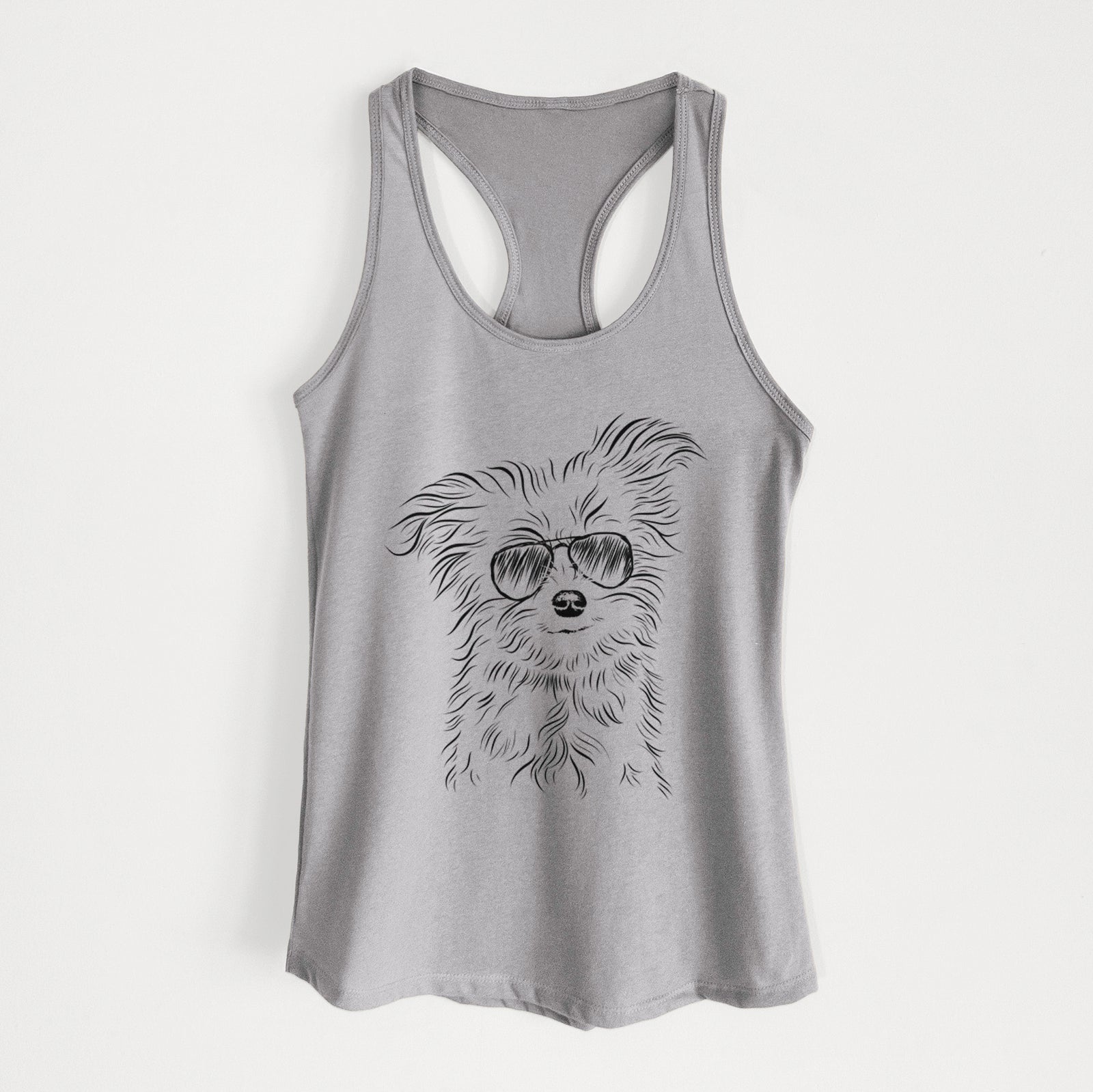 Hand-drawn sketch of Mr. Gucci Poochi the Maltese wearing aviator sunglasses on a Heather Grey Women's racerback tanktop