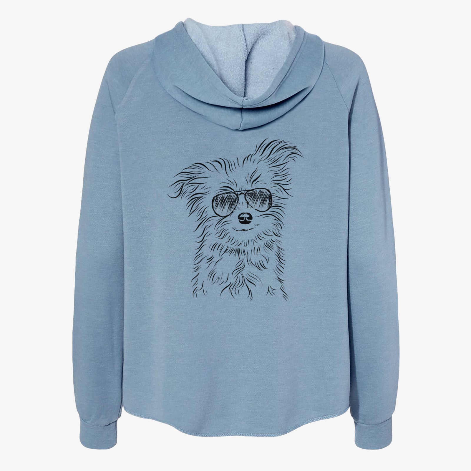Hand-drawn sketch of Mr. Gucci Poochi the Maltese wearing aviator sunglasses on a Misty Blue Women's cali wave zip-up sweatshirt