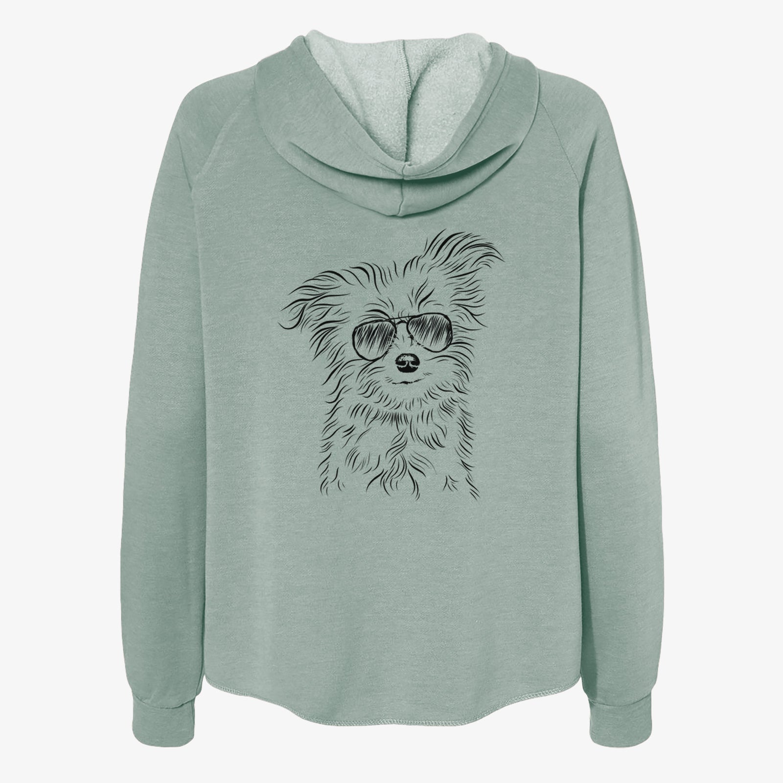 Hand-drawn sketch of Mr. Gucci Poochi the Maltese wearing aviator sunglasses on a Sage Women's cali wave zip-up sweatshirt