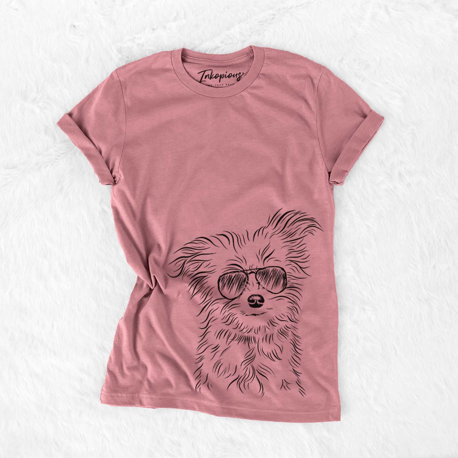Hand-drawn sketch of Mr. Gucci Poochie the Maltese wearing aviator sunglasses on a Mauve Bella Canvas Unisex Crewneck