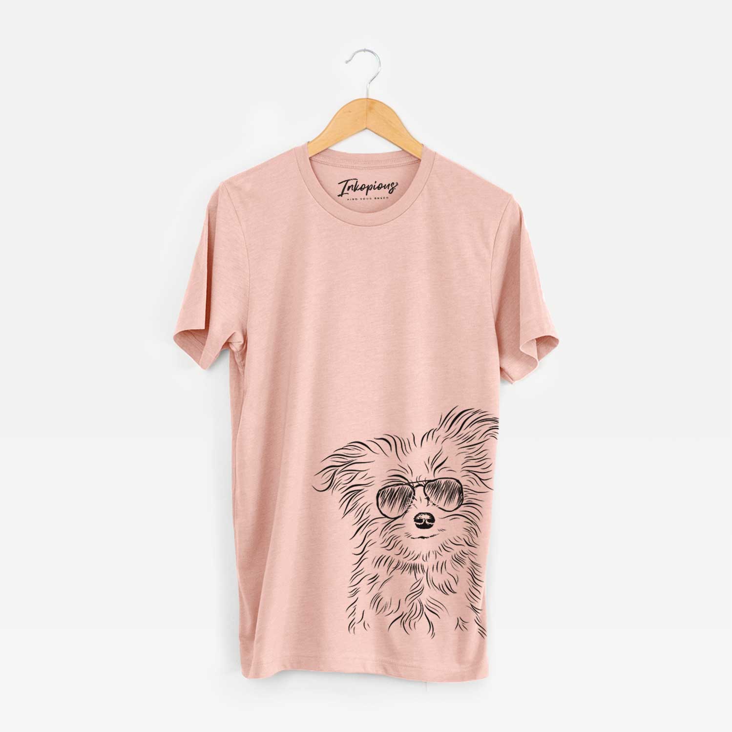 Hand-drawn sketch of Mr. Gucci Poochie the Maltese wearing aviator sunglasses on a Peach Bella Canvas Unisex Crewneck