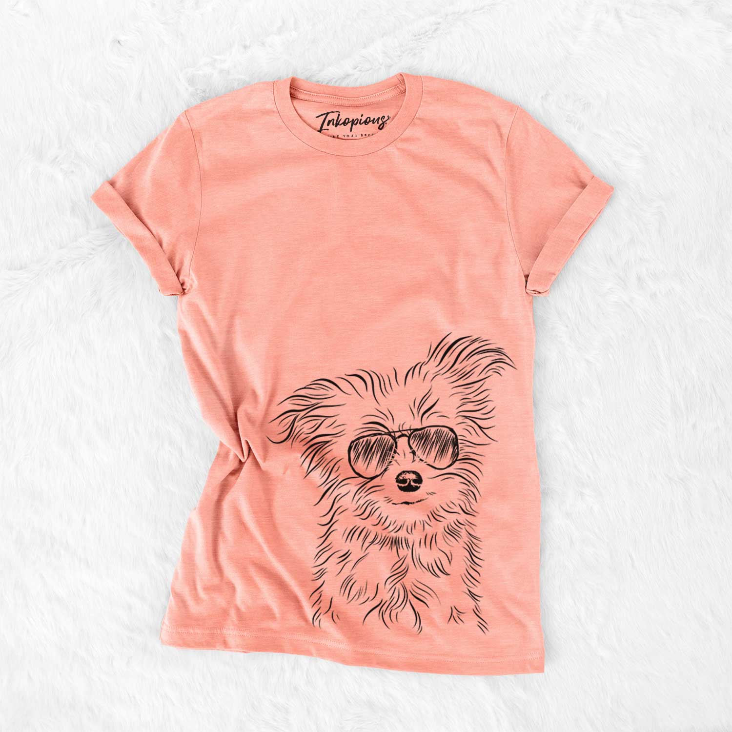 Hand-drawn sketch of Mr. Gucci Poochie the Maltese wearing aviator sunglasses on a Sunset Bella Canvas Unisex Crewneck