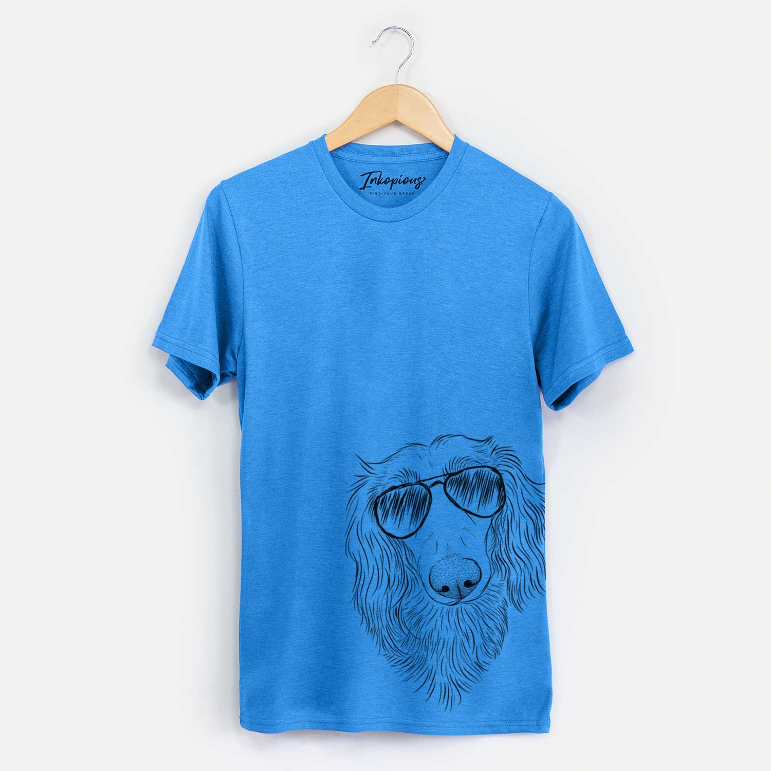 Hand-drawn sketch of Mr. Rusty the Long Haired Dachshund wearing aviator sunglasses on a Blue Unisex crewneck