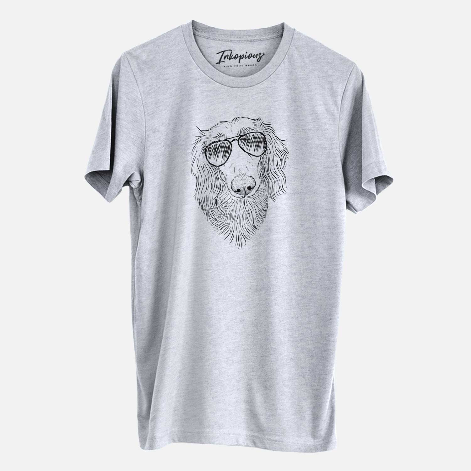 Hand-drawn sketch of Mr. Rusty the Long Haired Dachshund wearing aviator sunglasses on a Grey Unisex crewneck