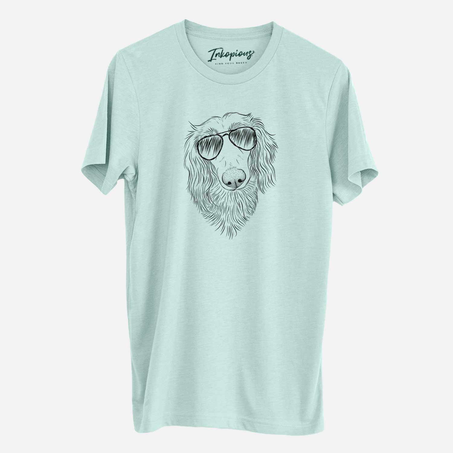 Hand-drawn sketch of Mr. Rusty the Long Haired Dachshund wearing aviator sunglasses on a Heather Sage Unisex crewneck