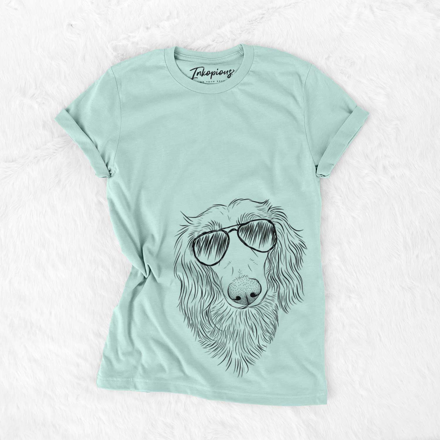 Hand-drawn sketch of Mr. Rusty the Long Haired Dachshund wearing aviator sunglasses on a Heather Sage Unisex crewneck