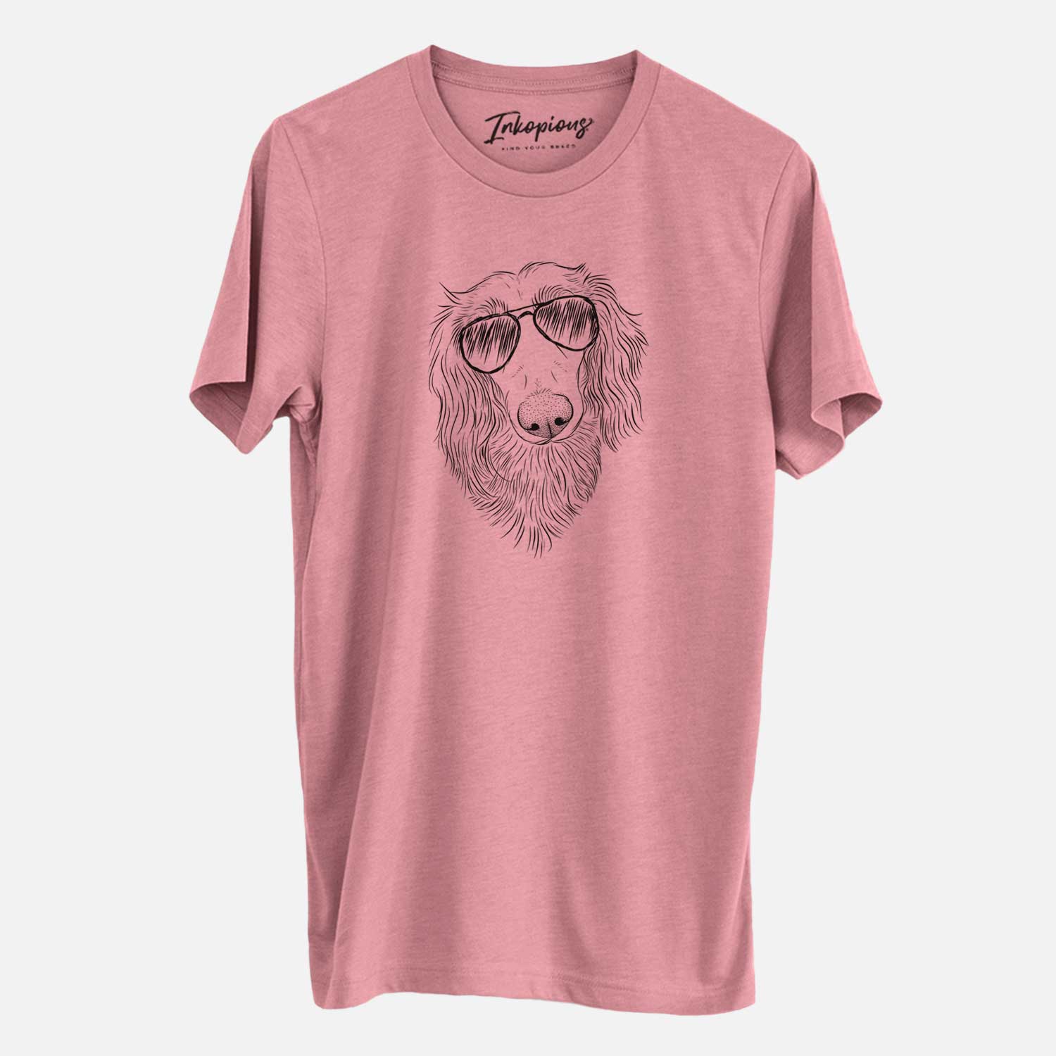 Hand-drawn sketch of Mr. Rusty the Long Haired Dachshund wearing aviator sunglasses on a Mauve Unisex crewneck