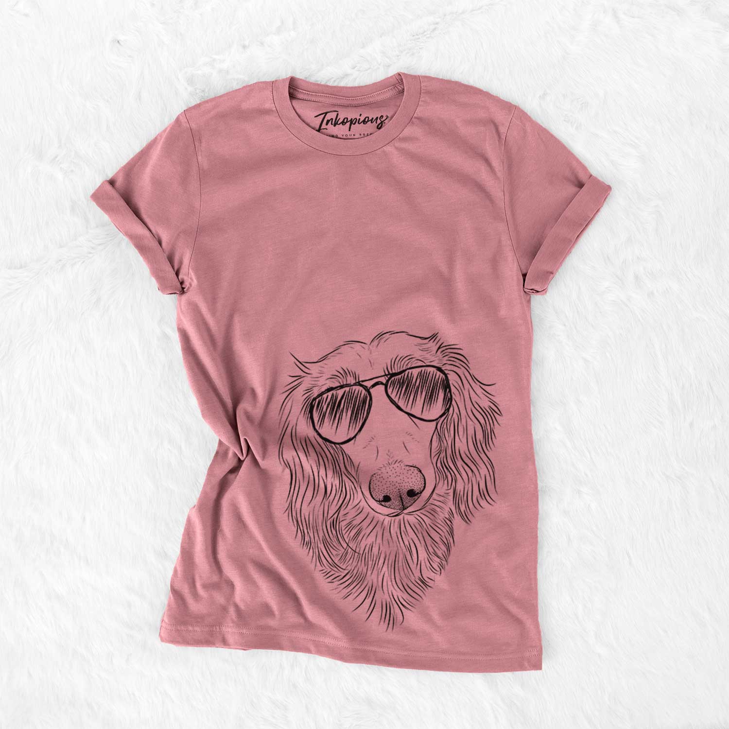 Hand-drawn sketch of Mr. Rusty the Long Haired Dachshund wearing aviator sunglasses on a Mauve Bella Canvas Unisex Crewneck